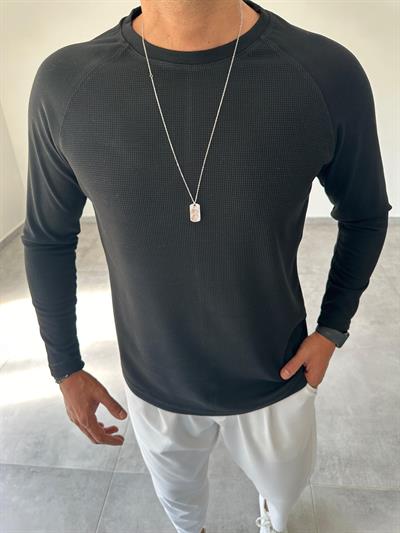 Siyah Renk Waffle Kumaş Reglan Kol Sweatshirt