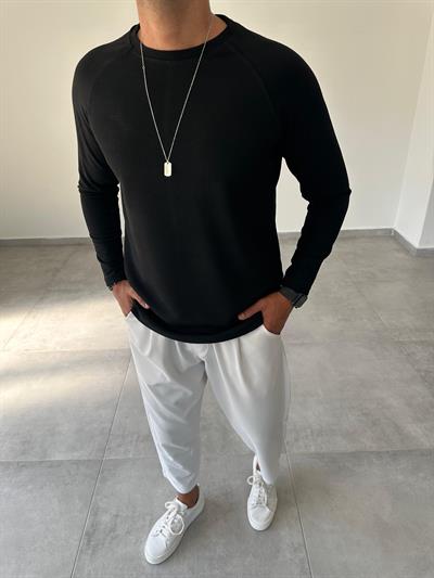 Siyah Renk Waffle Kumaş Reglan Kol Sweatshirt