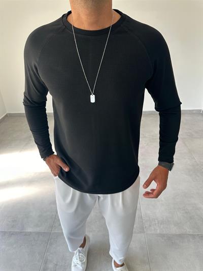 Siyah Renk Waffle Kumaş Reglan Kol Sweatshirt