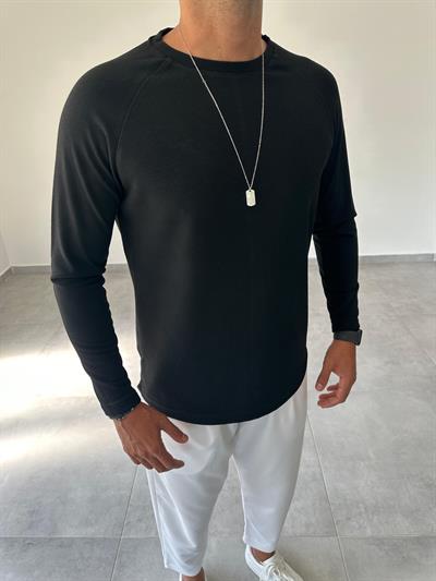 Siyah Renk Waffle Kumaş Reglan Kol Sweatshirt