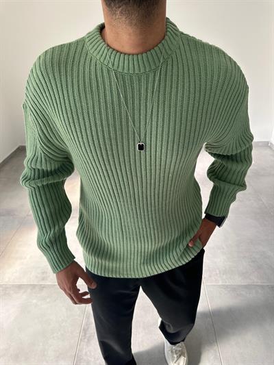 Yeşi Renk Bisiklet Yaka Oversize Örme Kazak