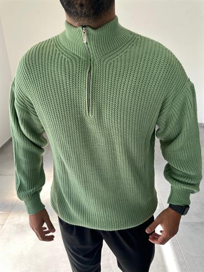Yeşil Renk Yarım Fermarlı Oversize Örme Triko Kazak