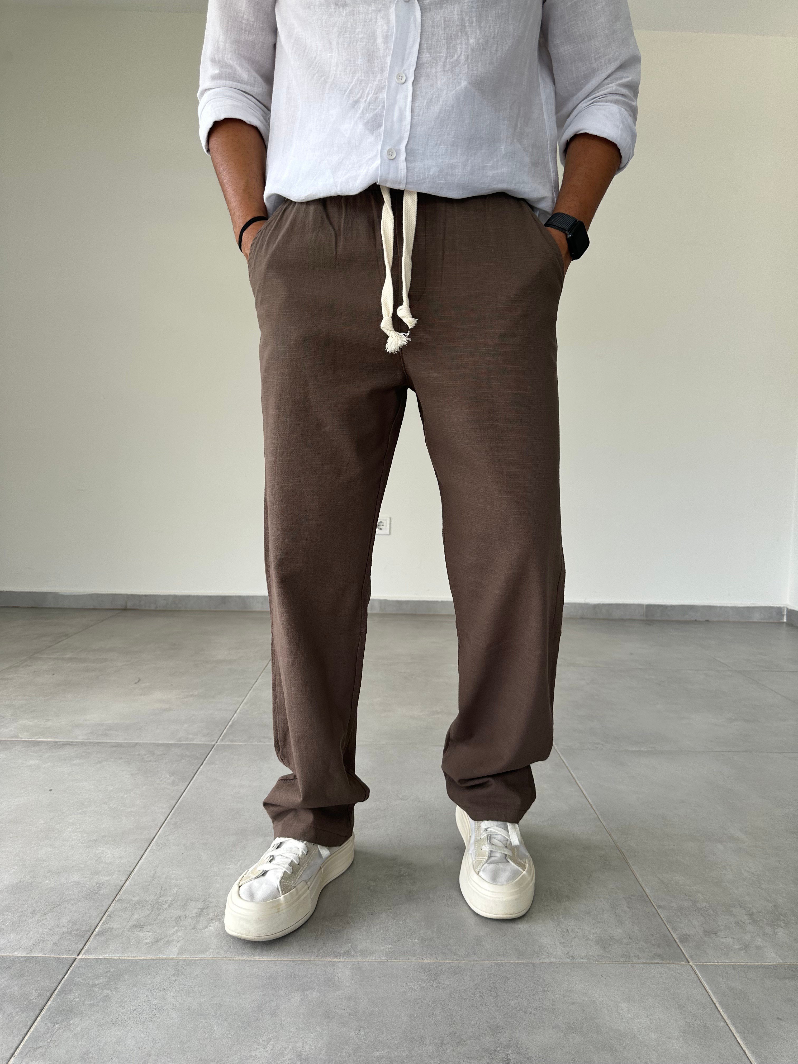 Kahve Renk Bel Kısmı Lastikli Rahat Kesim Keten Baggy Pantolon