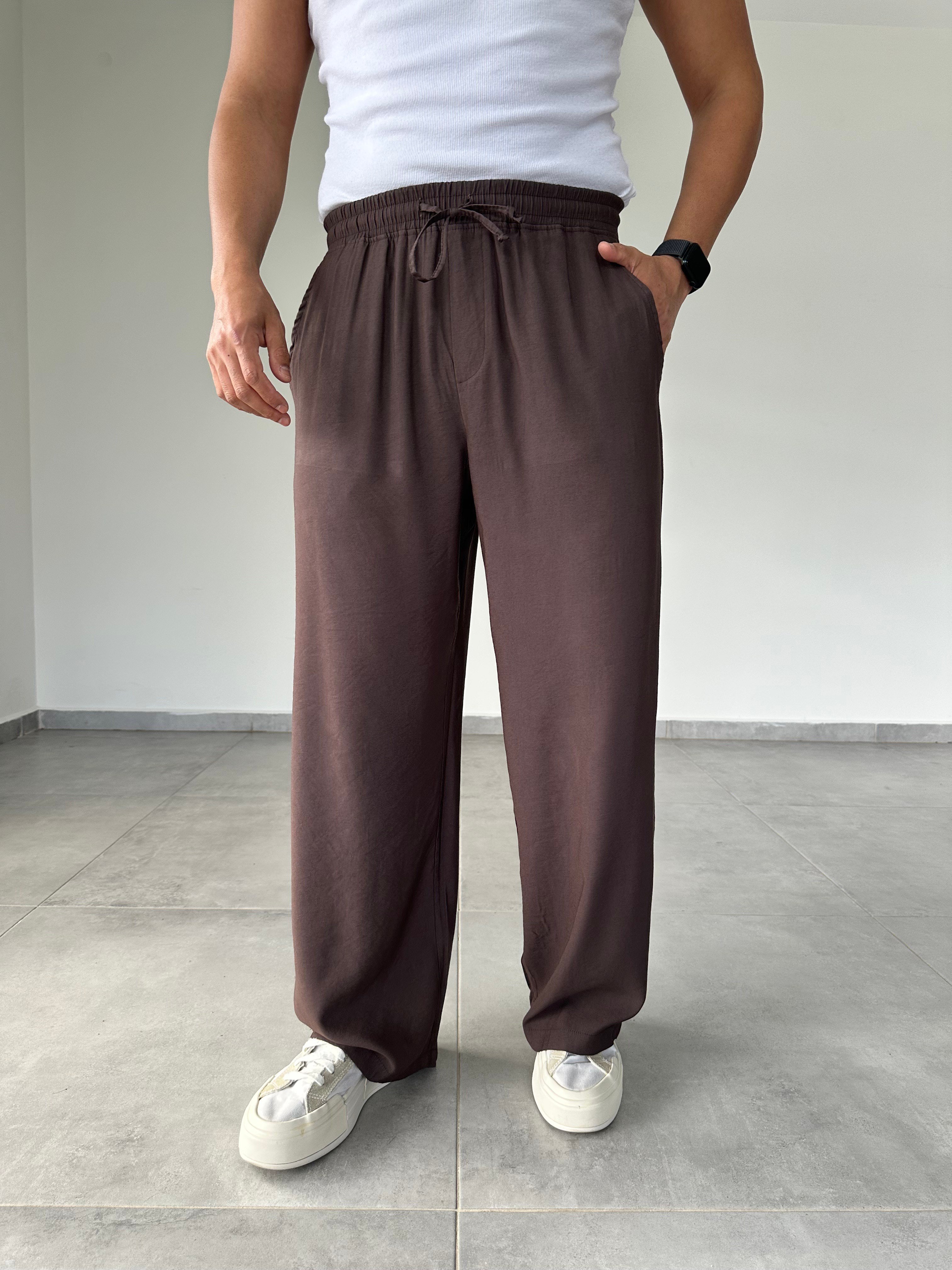 Modal Kumaş Çift Cep Detaylı Kahve Renk Basic Baggy Pantolon