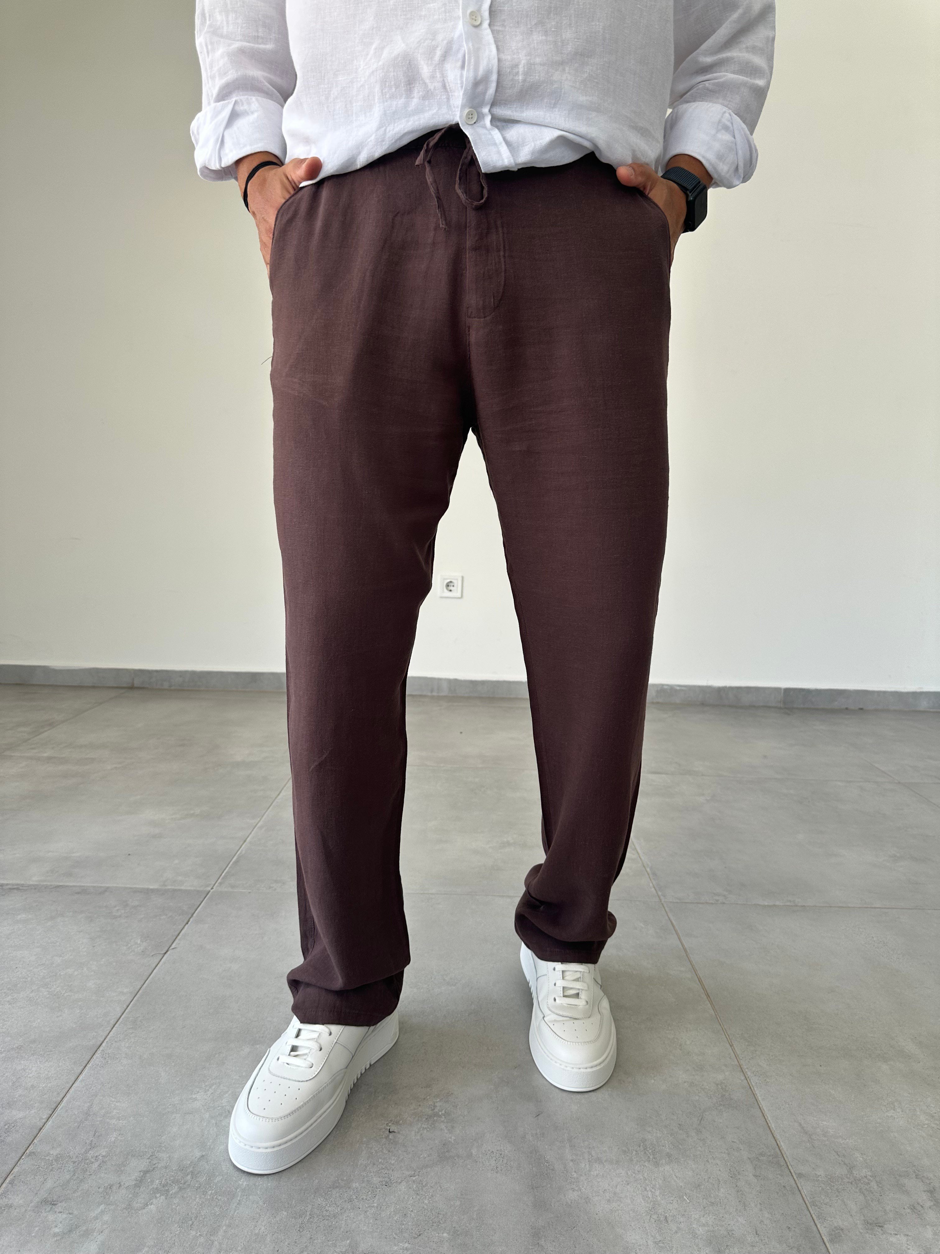 Kahve Renk Renk Bel Kısmı Lastik Ve Bağcık Detaylı Yıkamalı Keten Pantolon