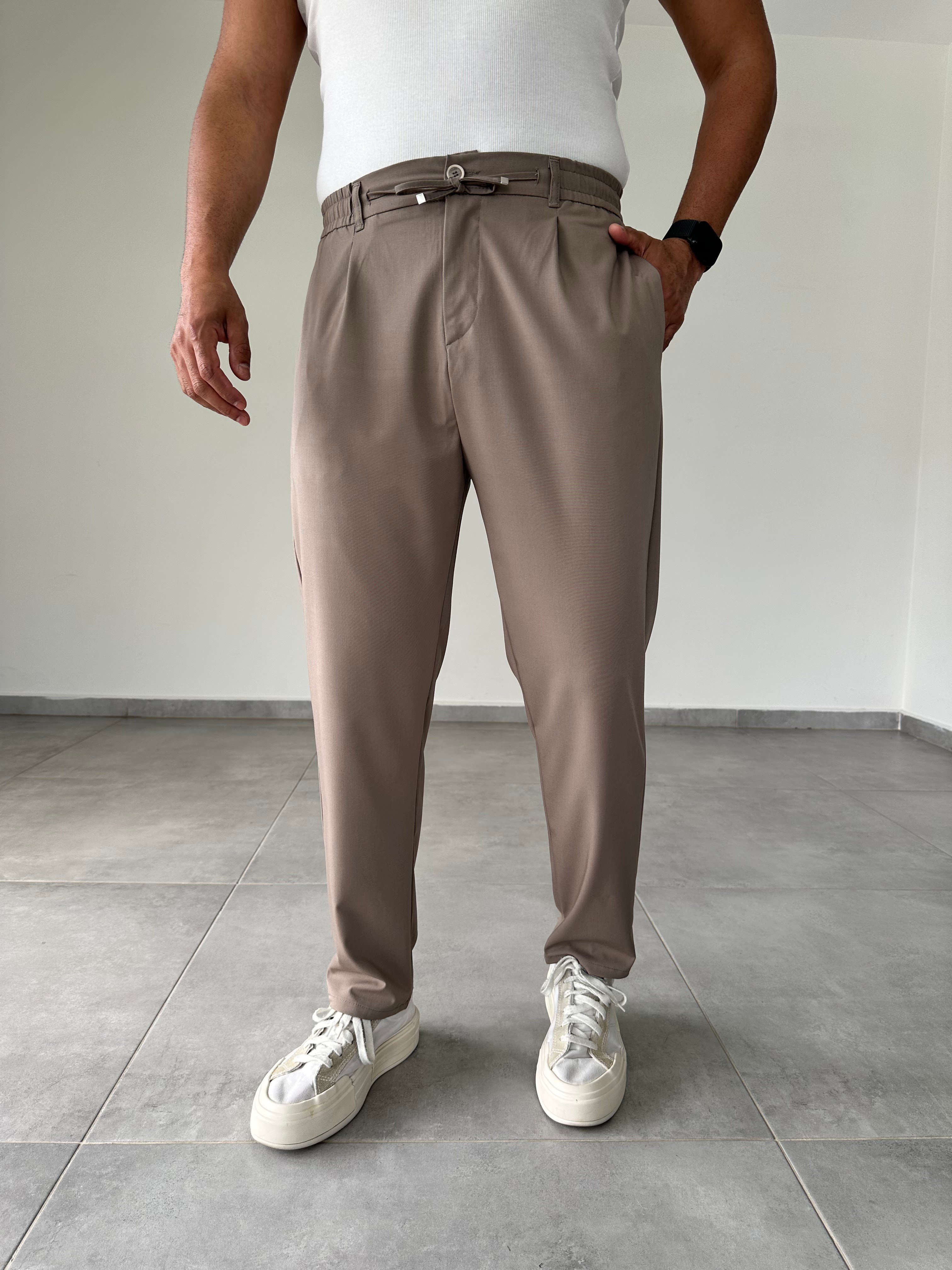 Kahve Renk Boyfriend Kesim Likralı Kumaş Pantolon