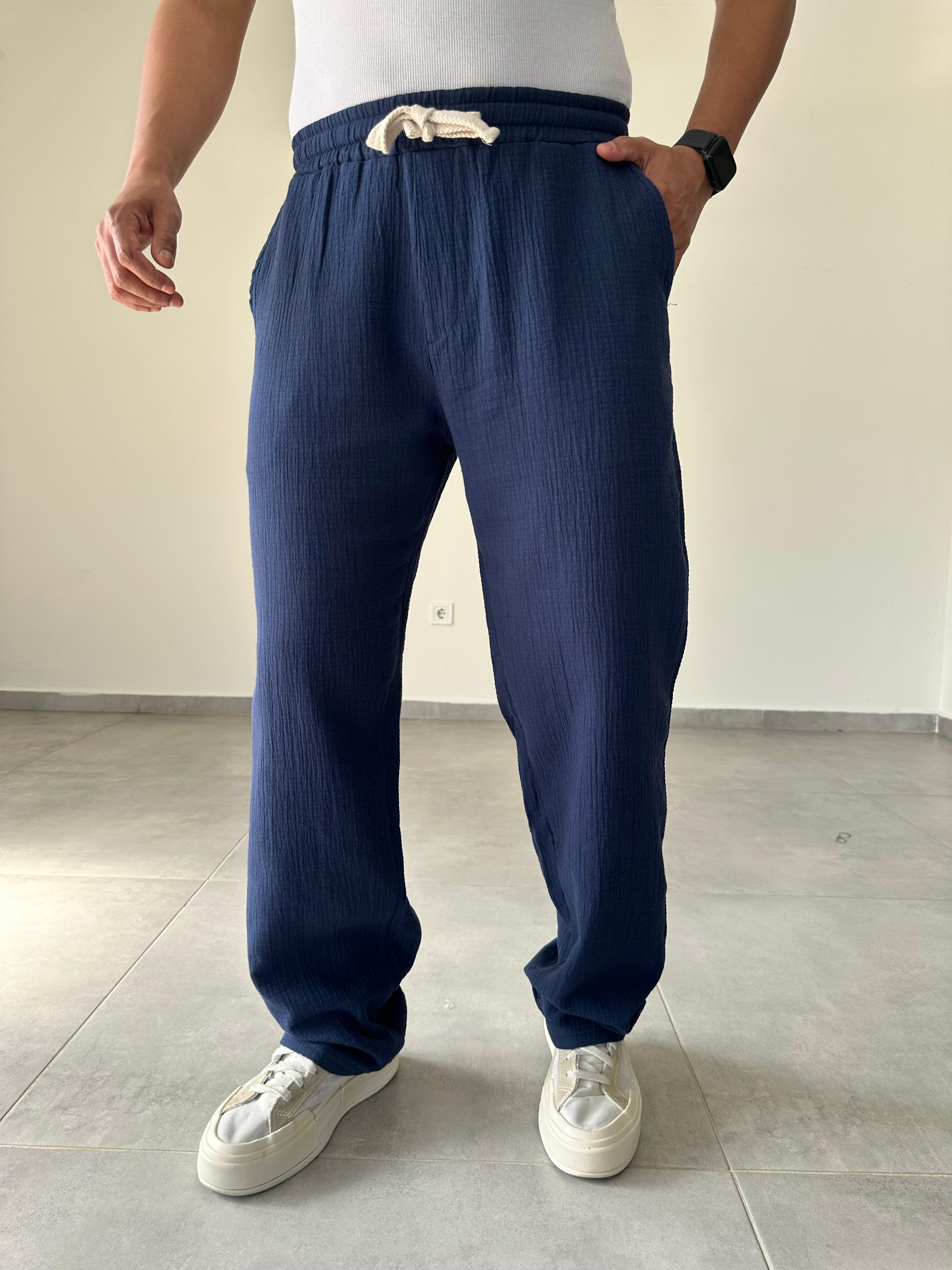 Lacivert Renk Müslin Keten Baggy Pantolon