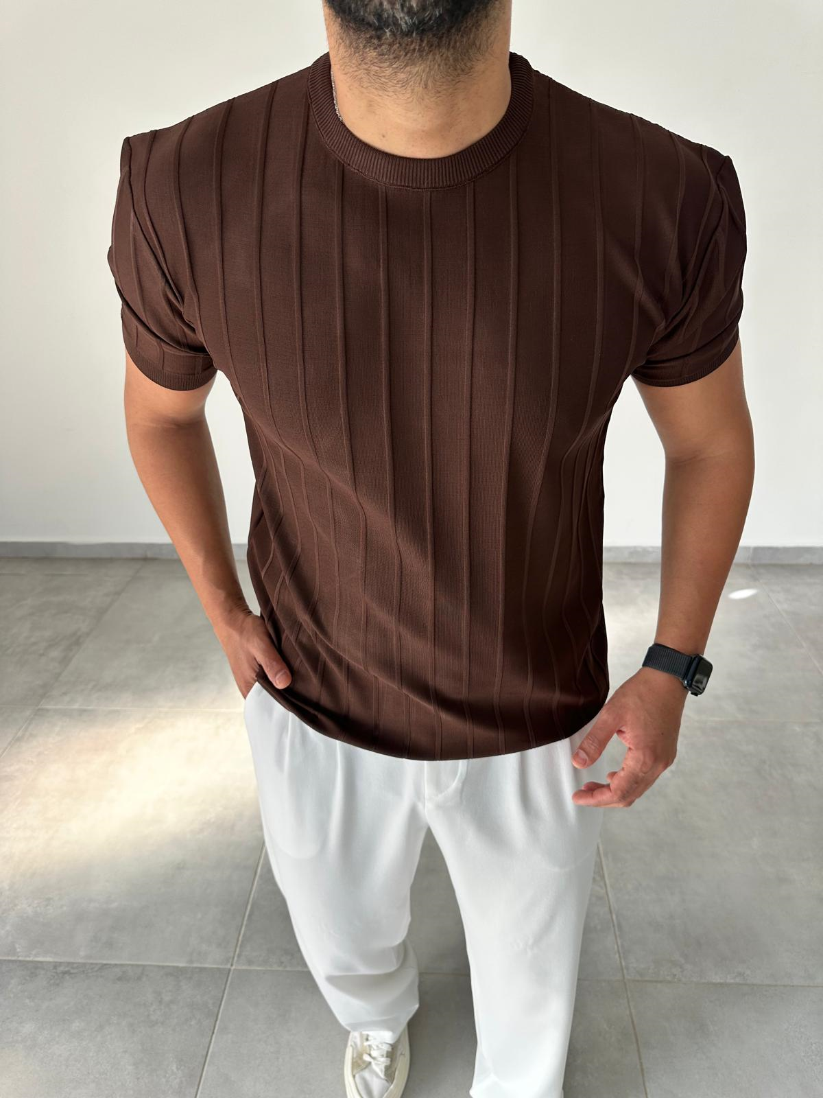 Şerit Detaylı Kahve Renk Basic T-Shirt