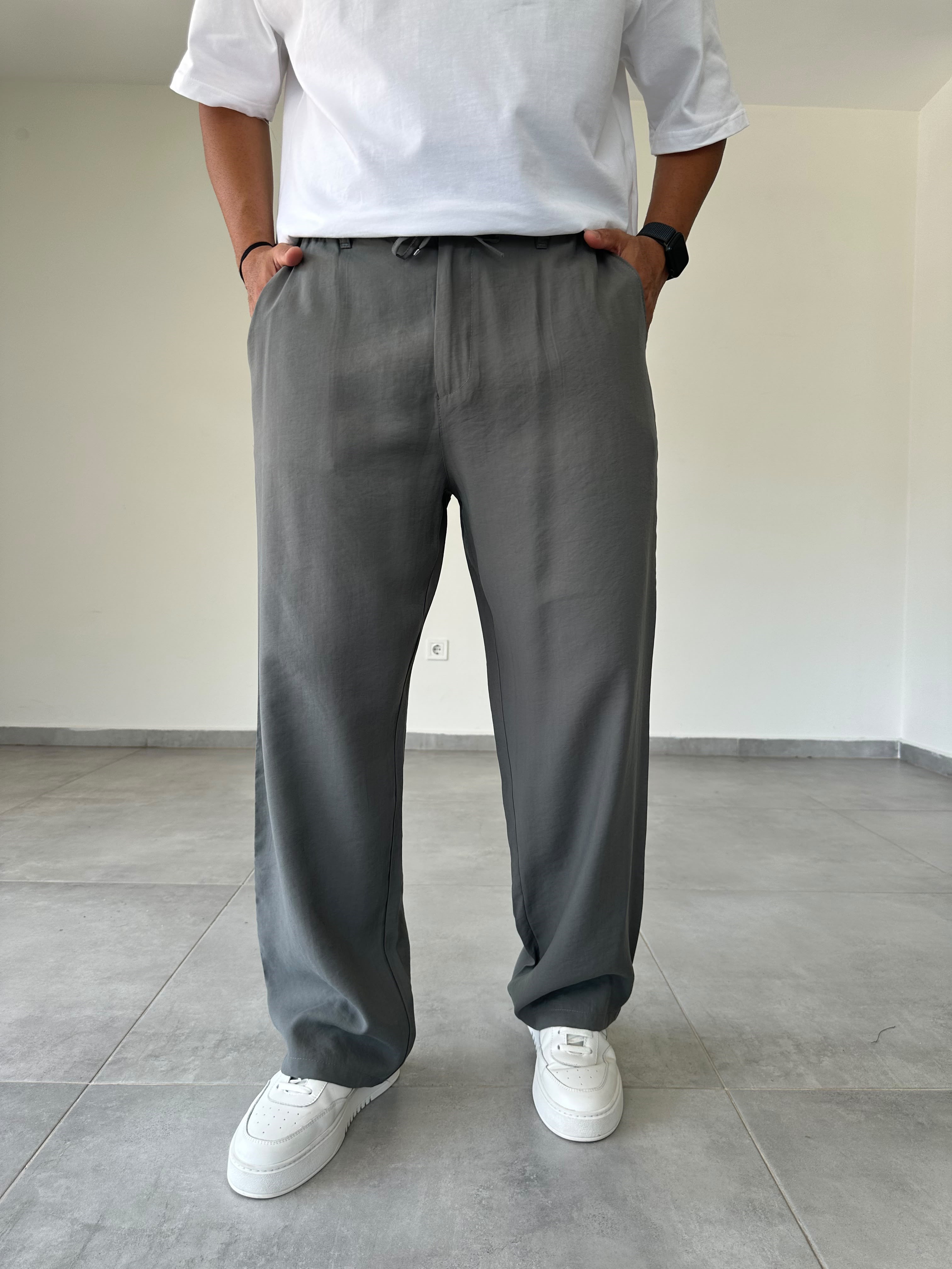 Tensel Kumaş Bel Kısmı Lastik Ve Bağcık Detaylı Antrasit Renk Baggy Pantolon