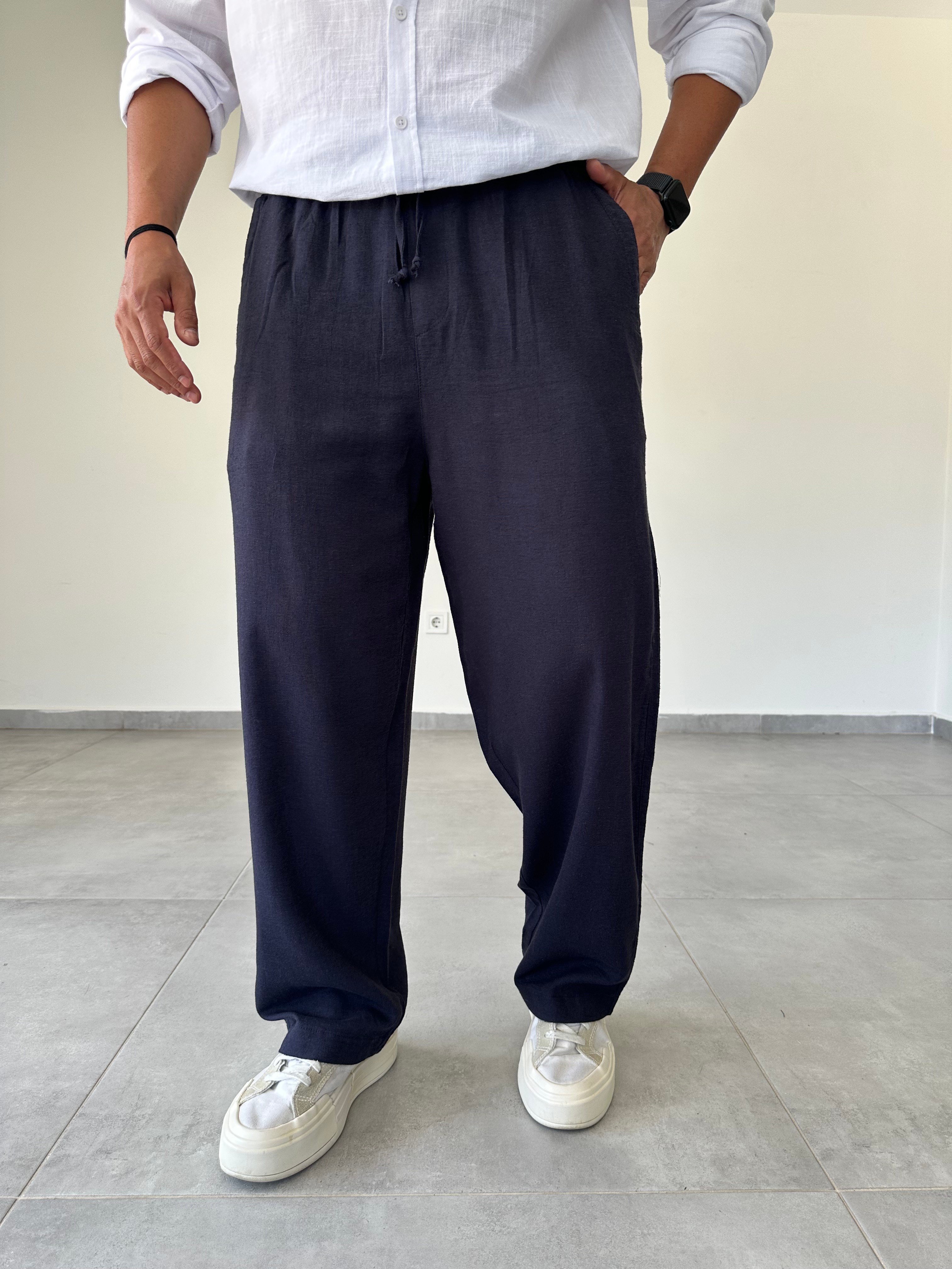 Lacivert Renk Yumuşak Keten Baggy Pantolon