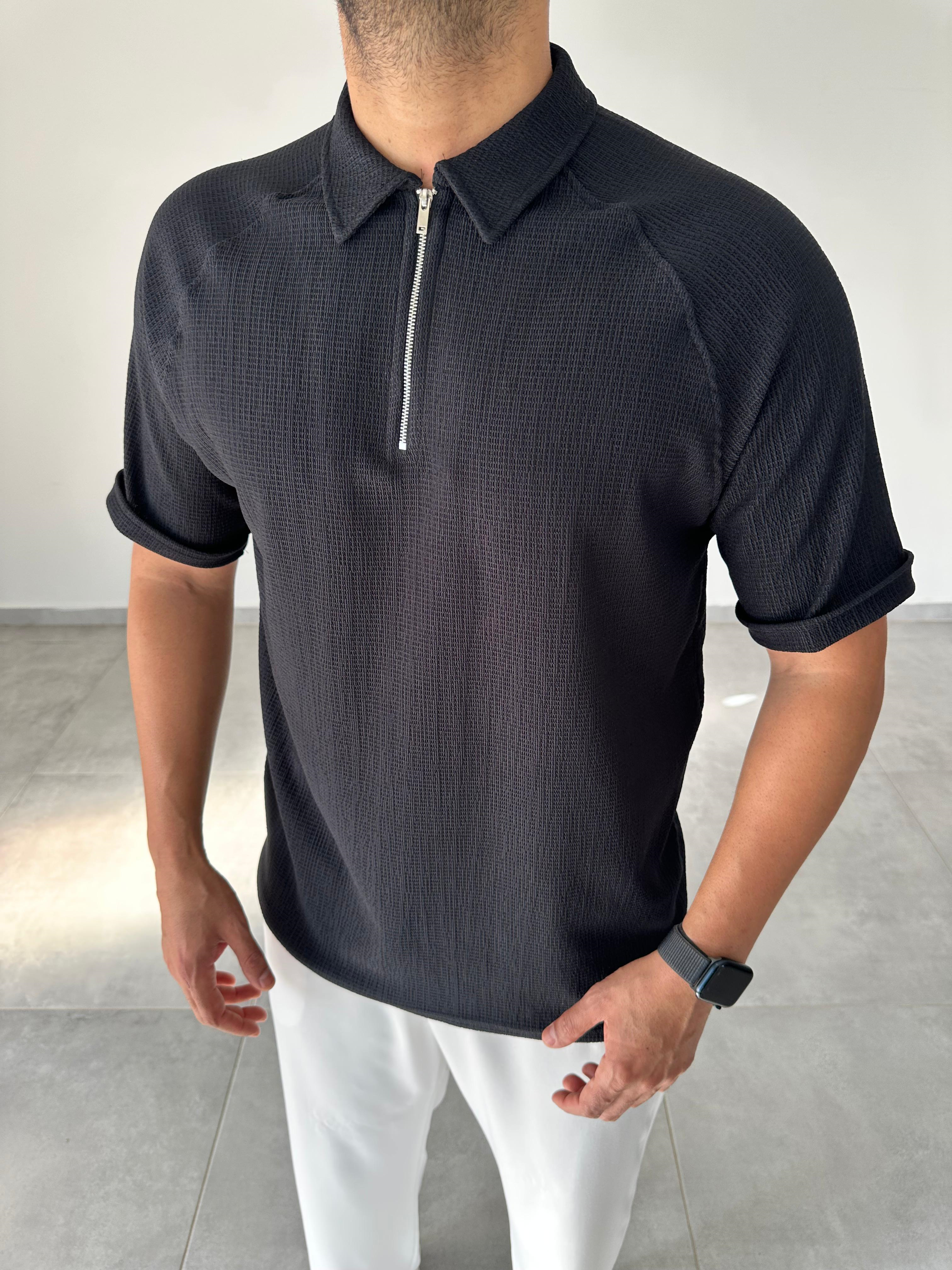 Siyah Renk Fermuarlı Polo Yaka T-Shirt
