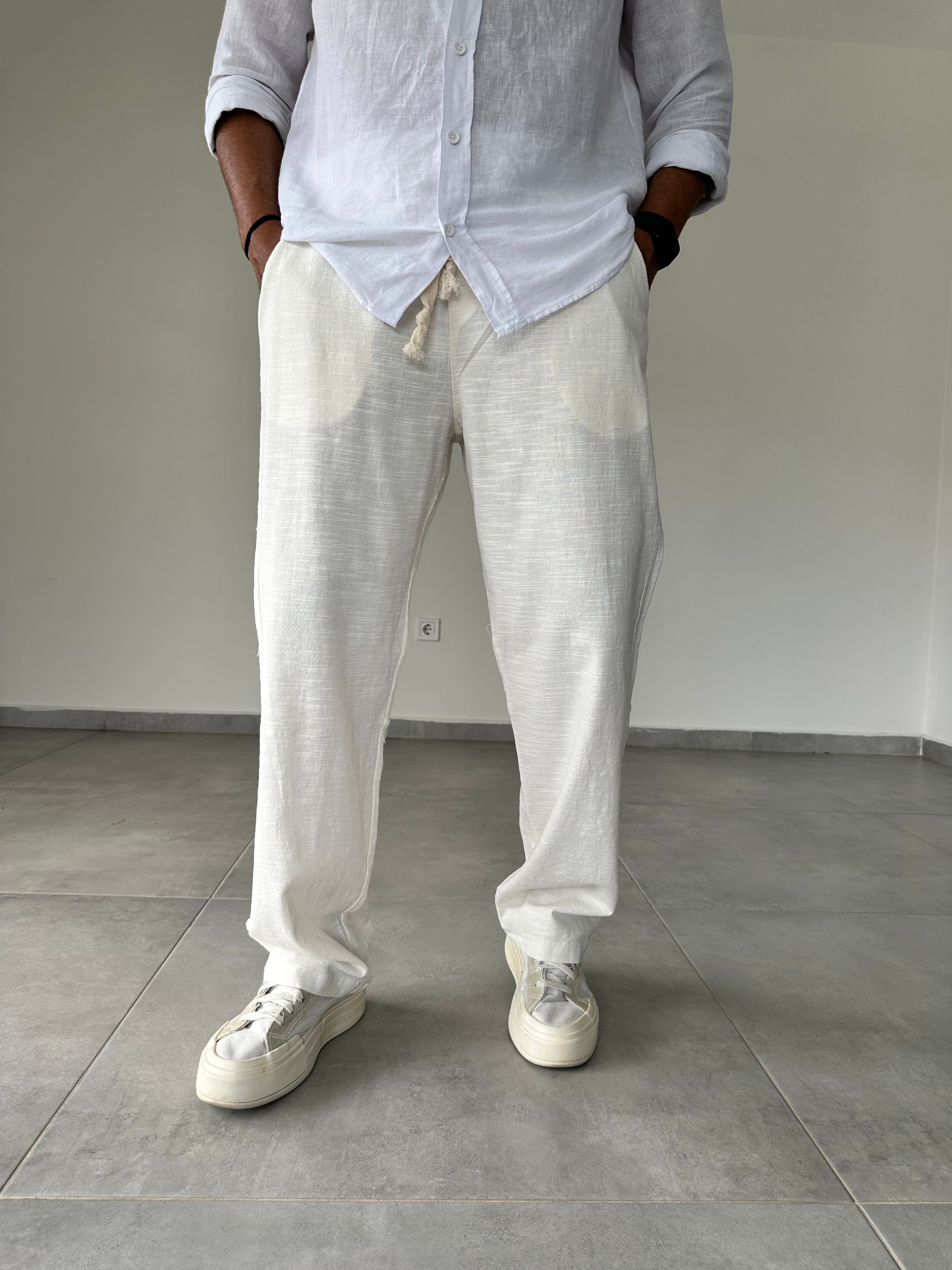 Beyaz Renk Bel Kısmı Lastikli Rahat Kesim Keten Baggy Pantolon