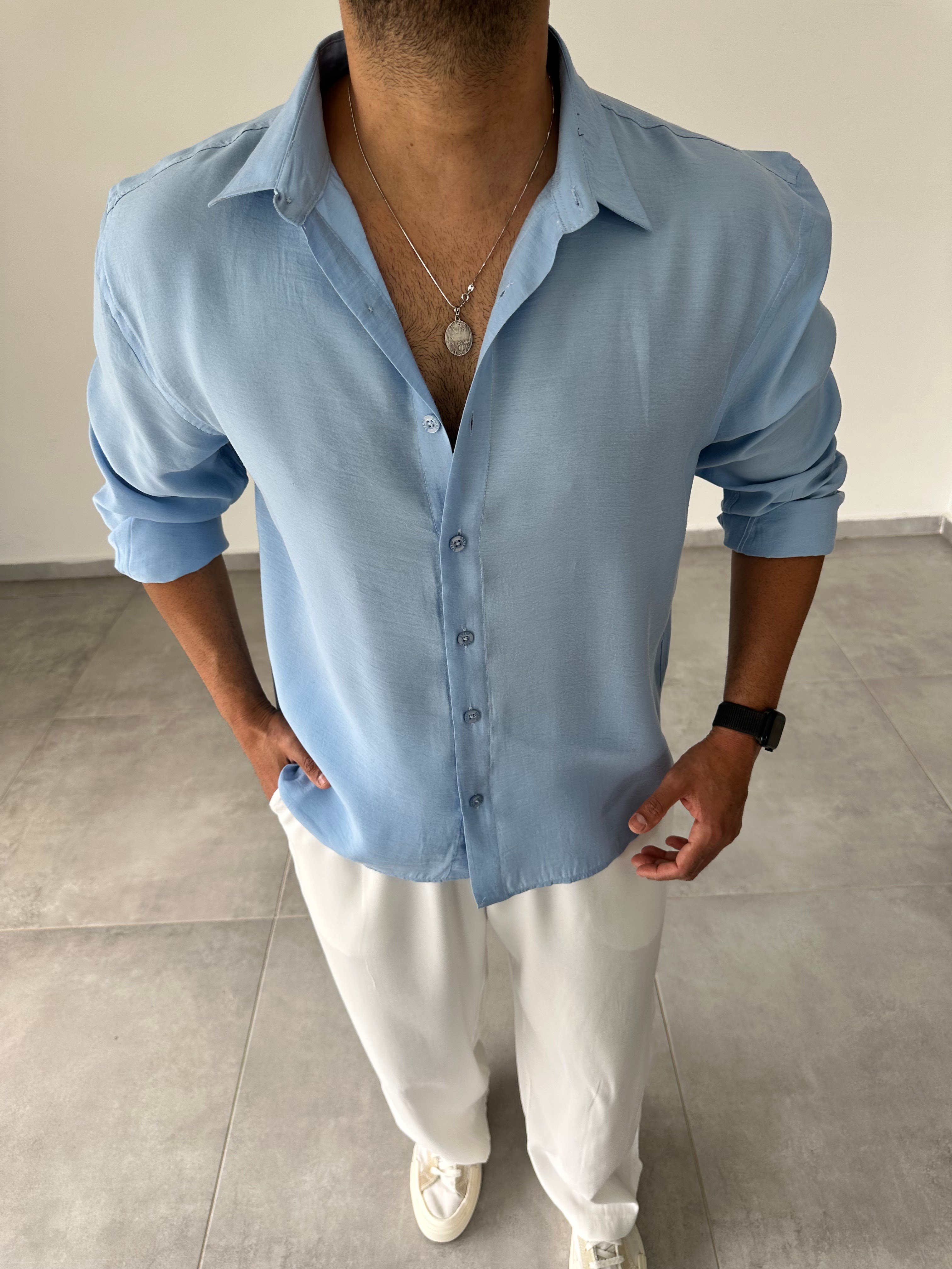 Bebe Mavisi Modal Kumaş Oversize Basic Gömlek