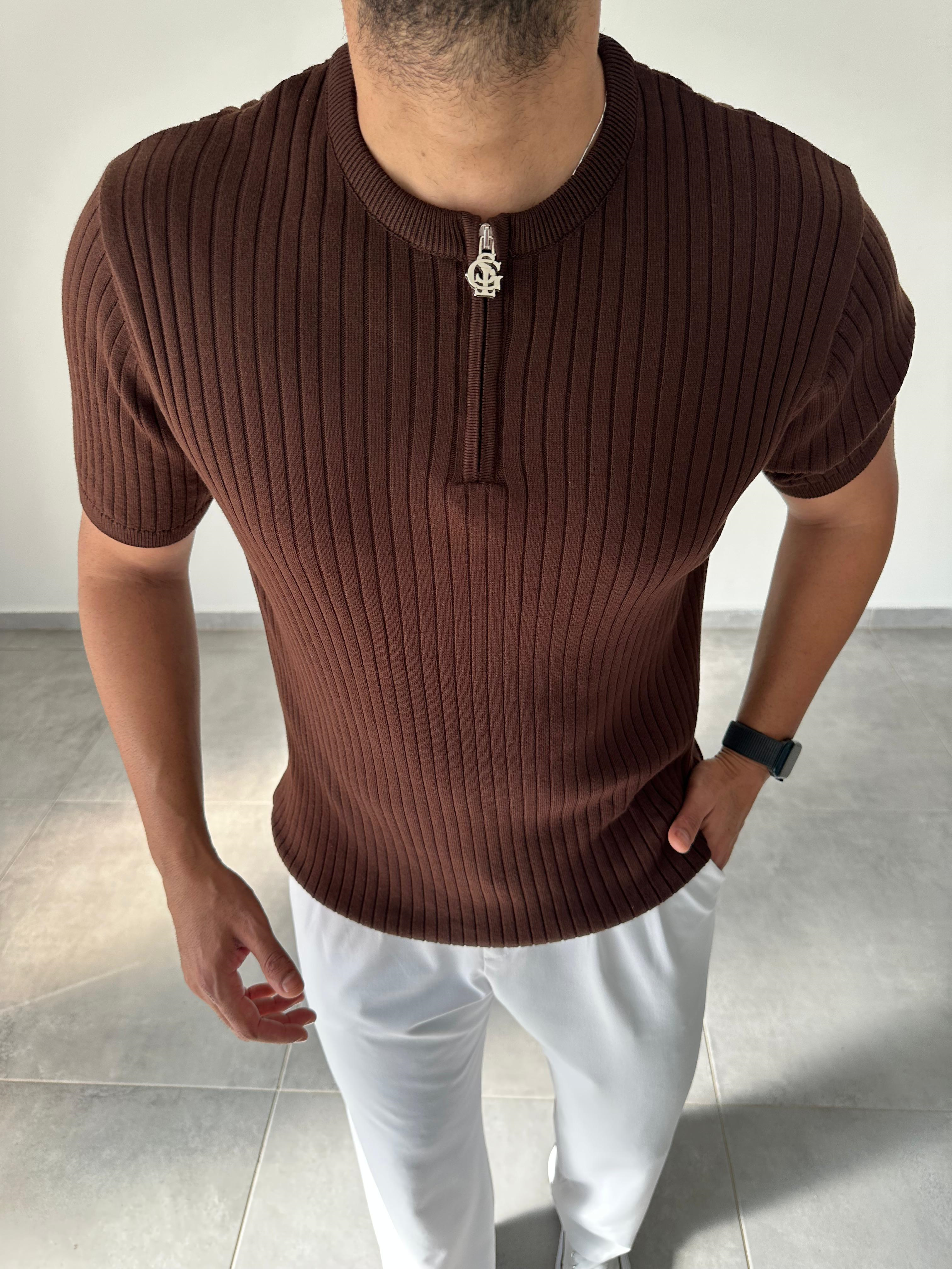 Kahve Renk Fermuar Detaylı Premium Kalite Basic Triko T-Shirt