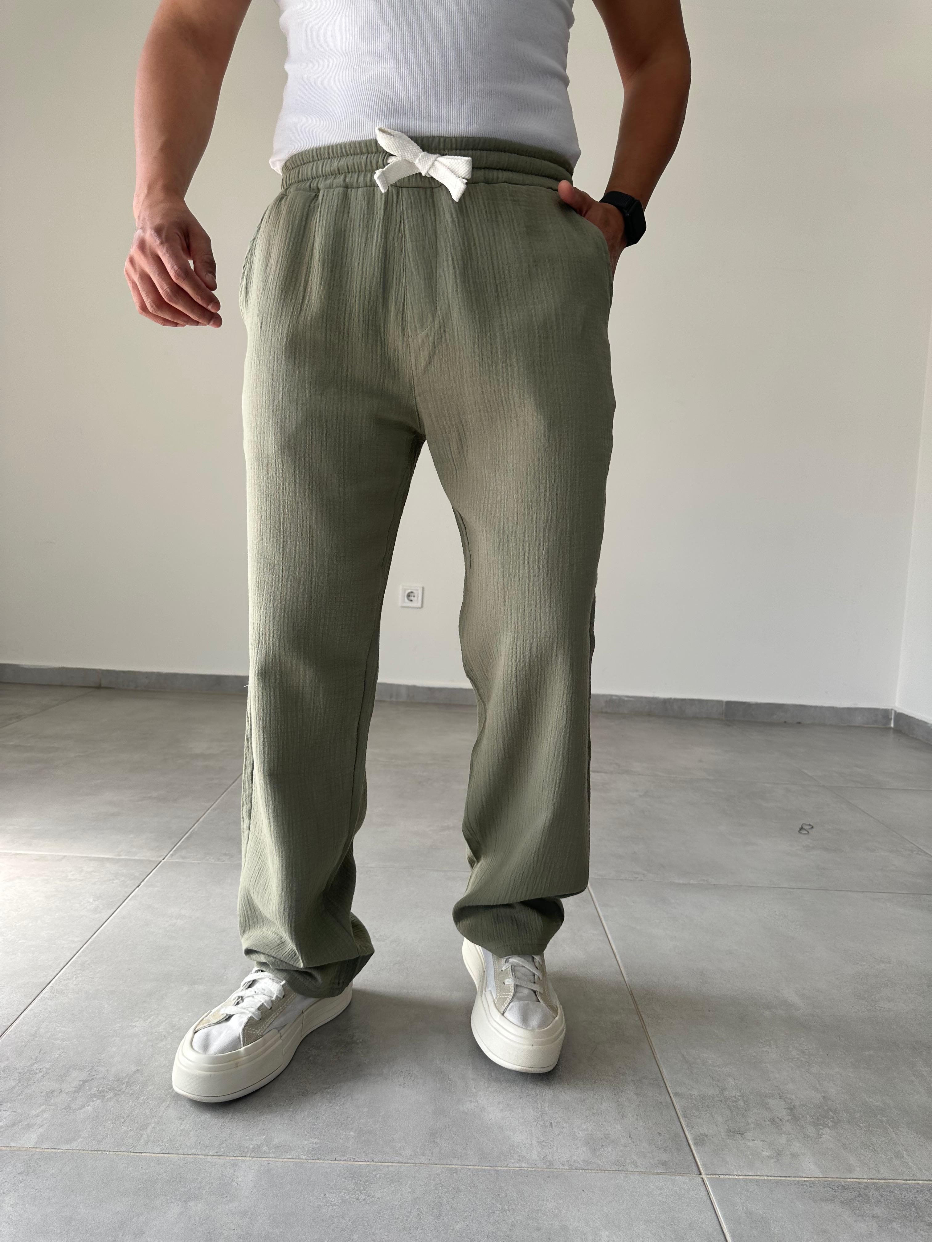 Haki Yeşil Renk Müslin Keten Baggy Pantolon
