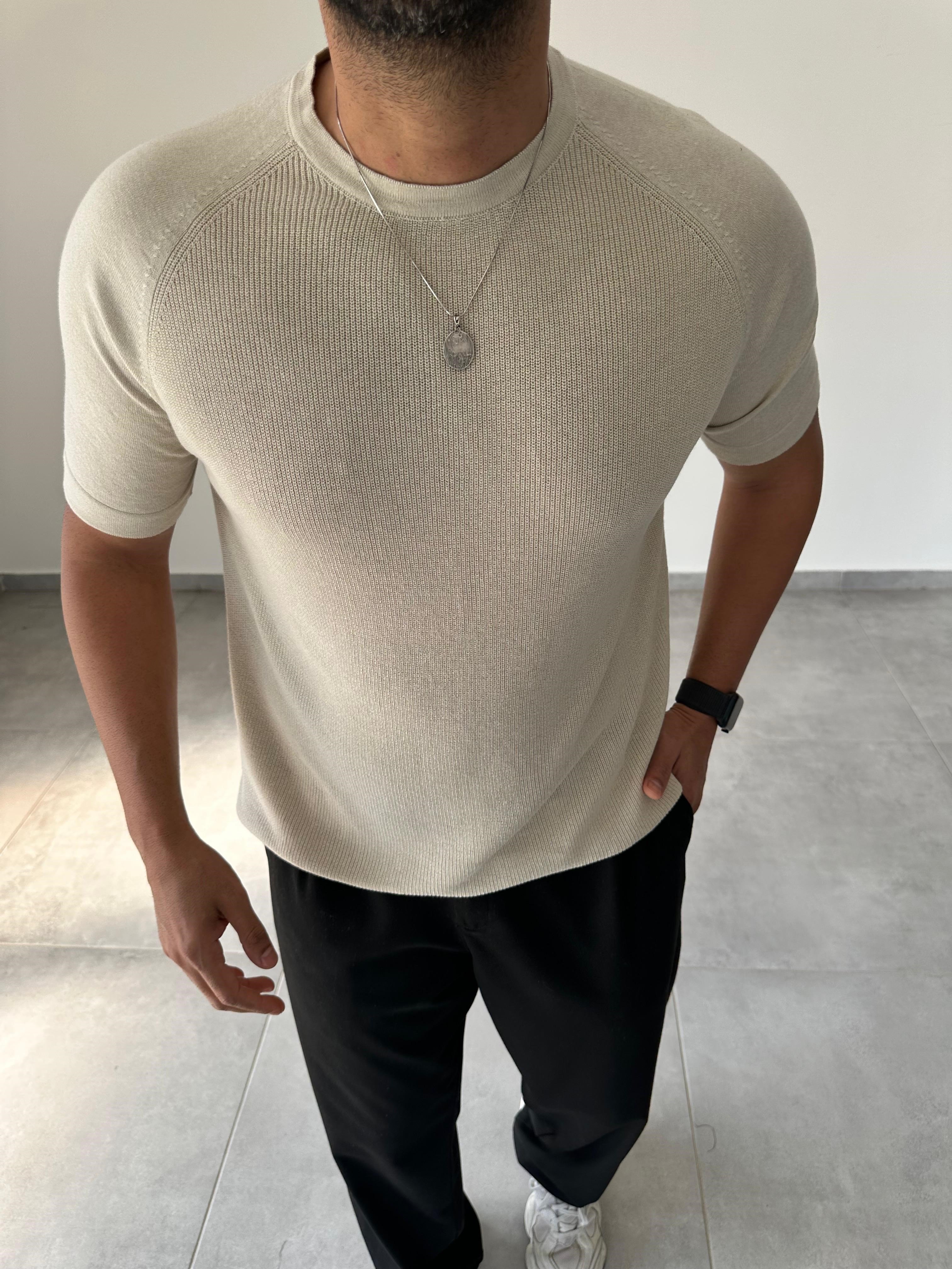 Reglan Kol Detaylı Bej Renk Premium Kalite Basic Triko T-Shirt
