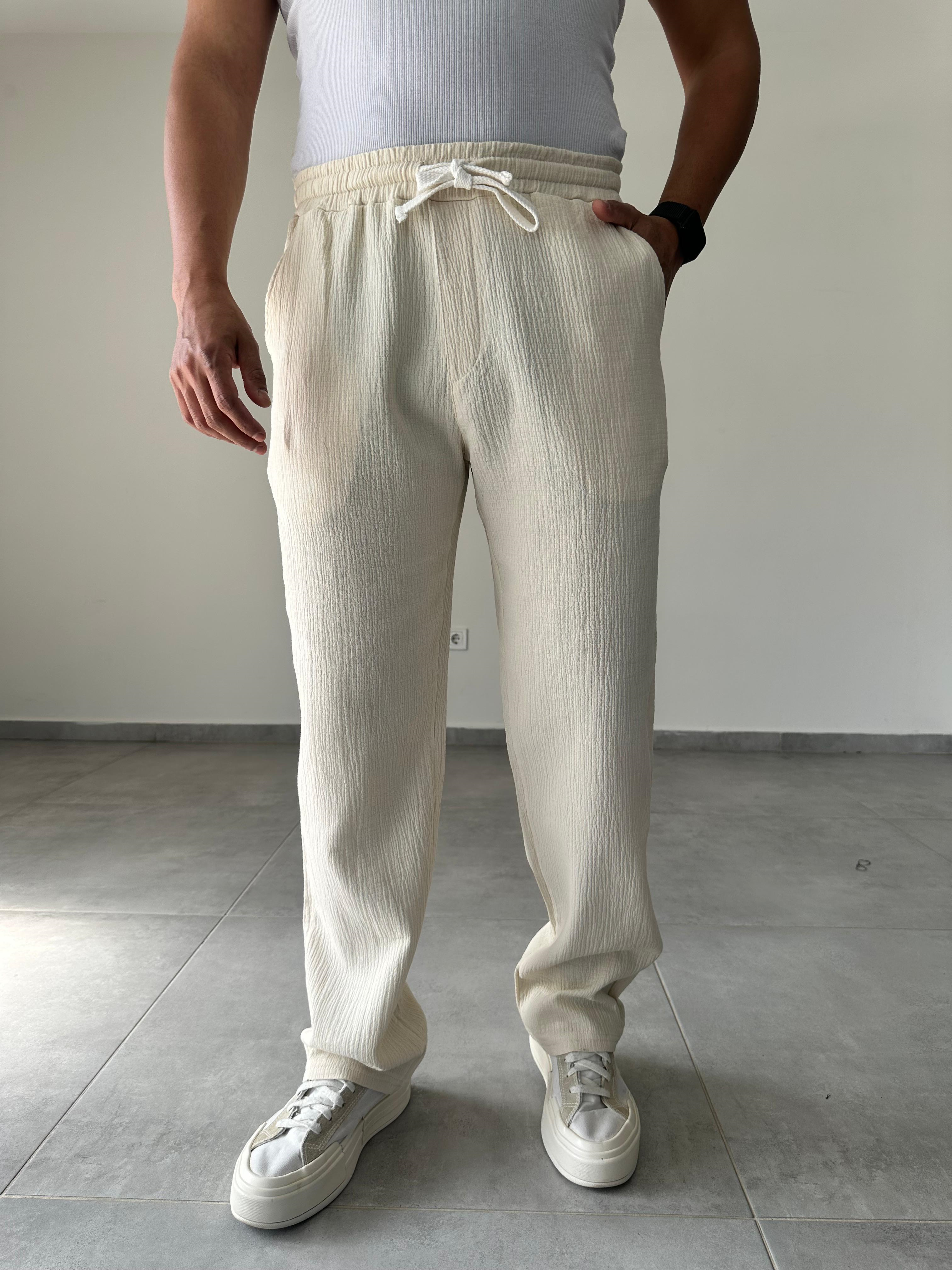 Bej Renk Müslin Keten Baggy Pantolon