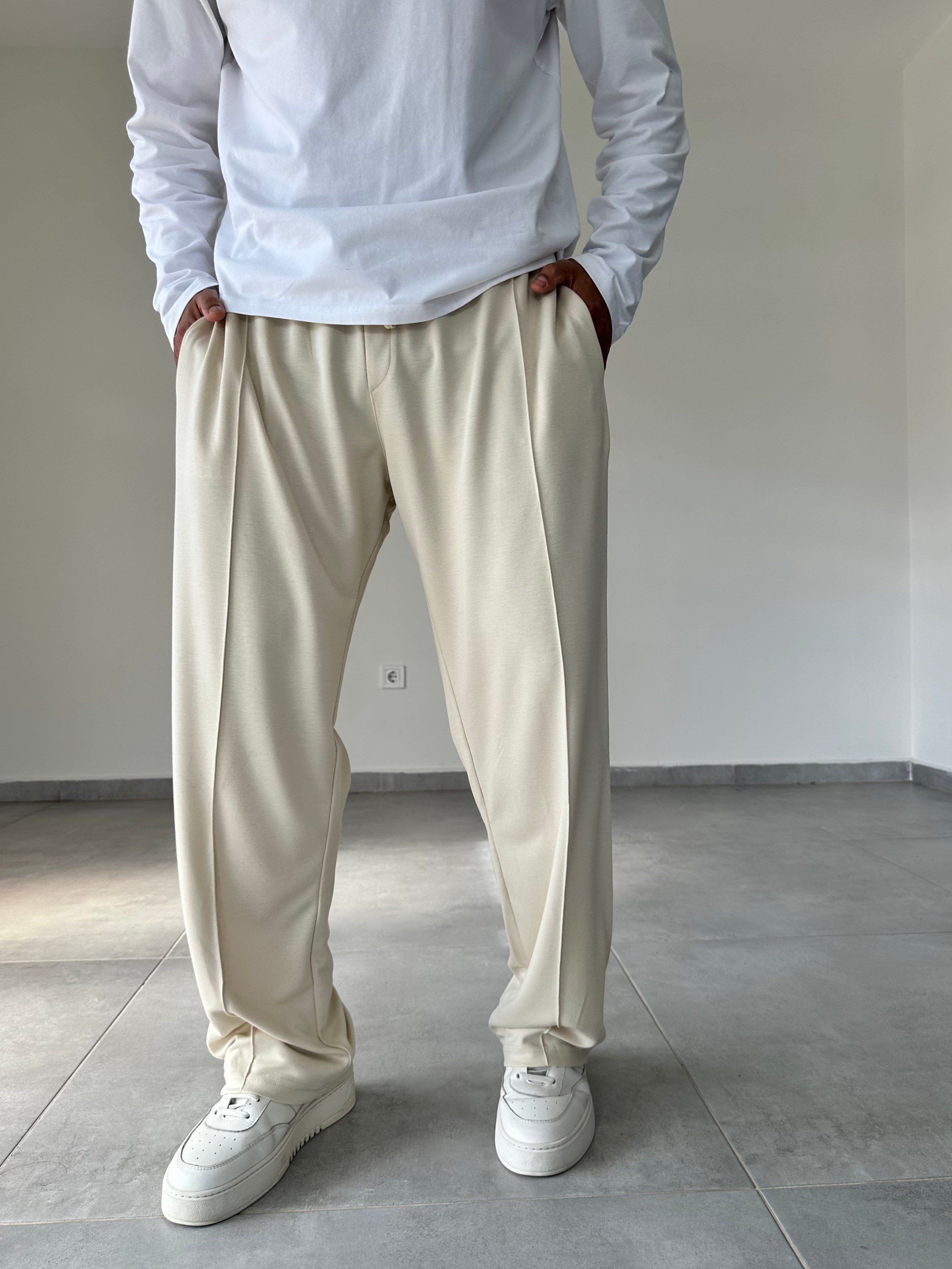 Bej Renk Modal Kumaş Ön Kısmı Çımalı Basic Baggy Pantolon