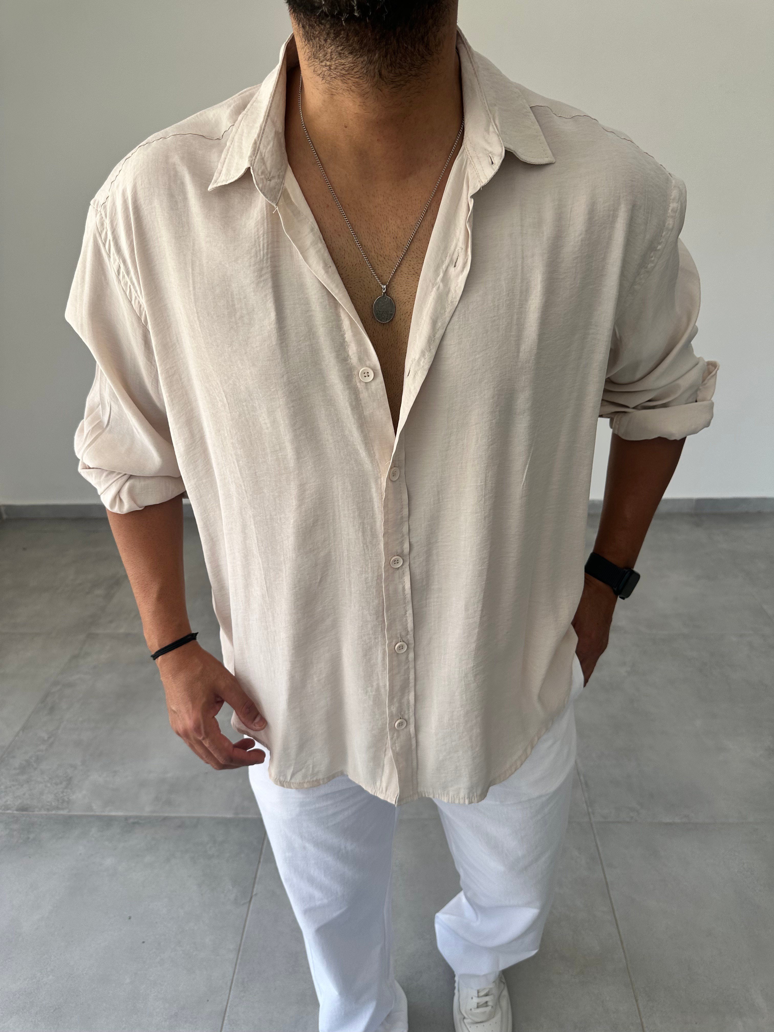 Bej Renk Modal Kumaş Oversize Kesim Basic Gömlek