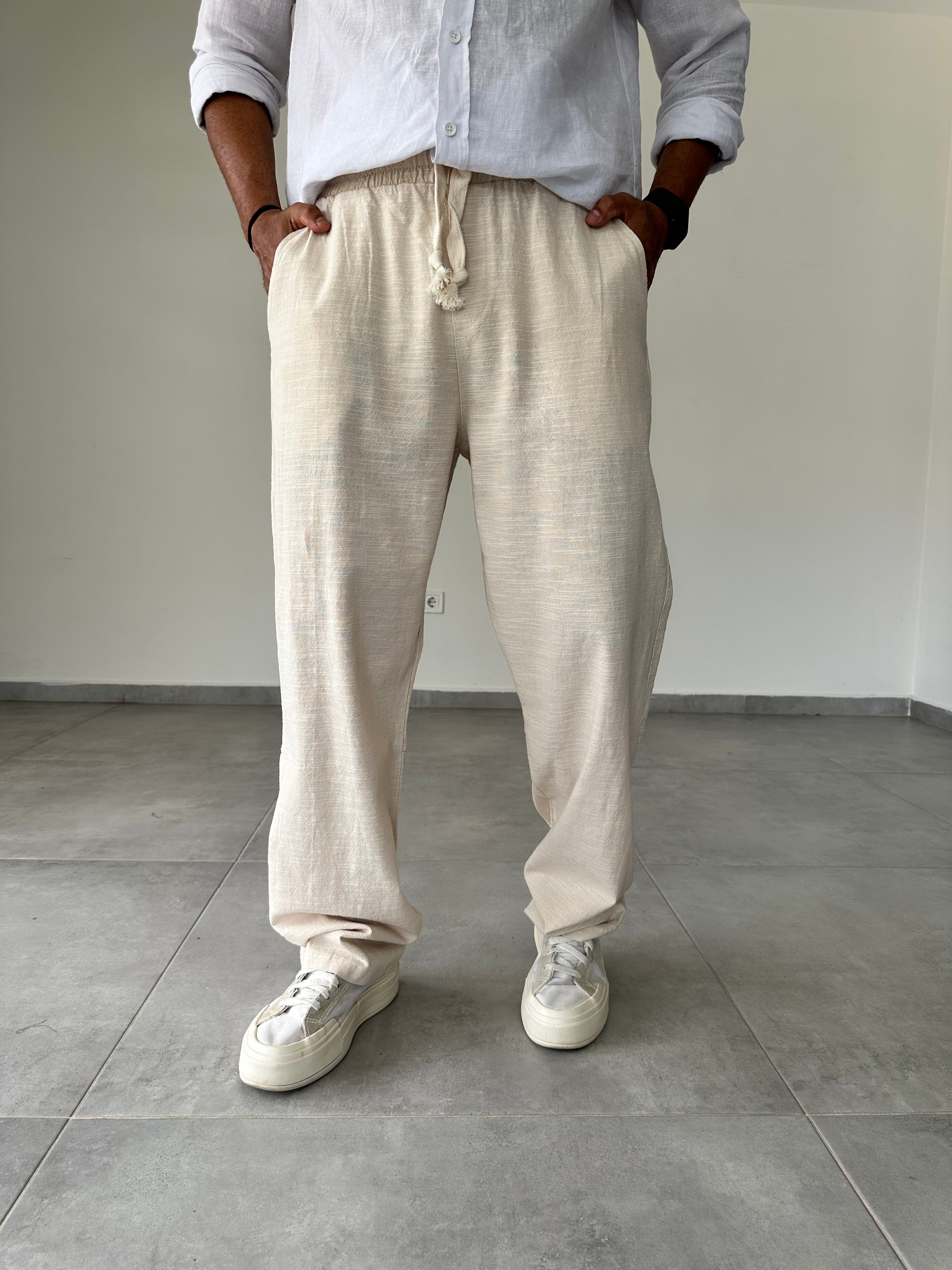 Bej Renk Bel Kısmı Lastikli Rahat Kesim Keten Baggy Pantolon