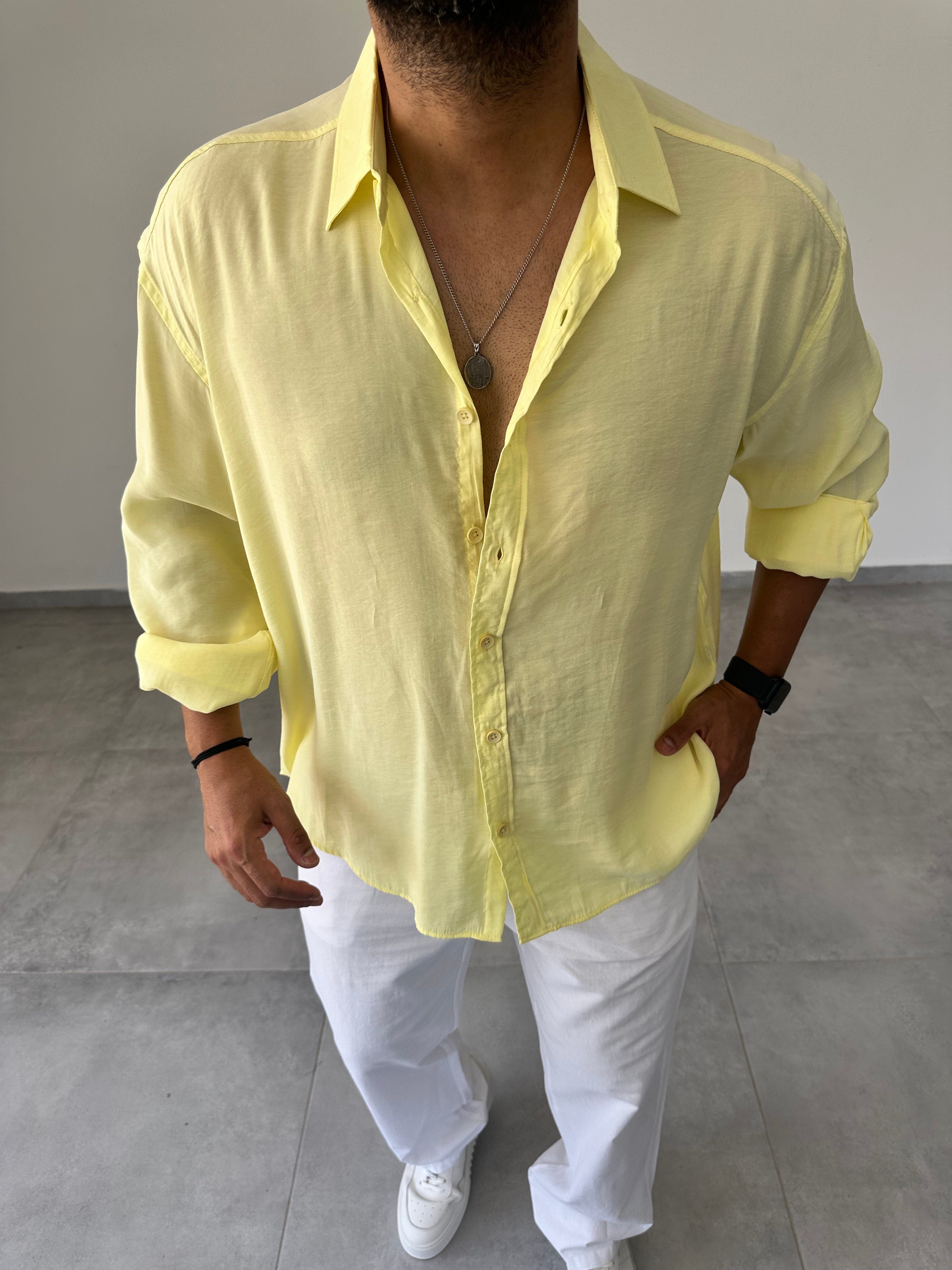 Sarı Renk Modal Kumaş Oversize Kesim Basic Gömlek