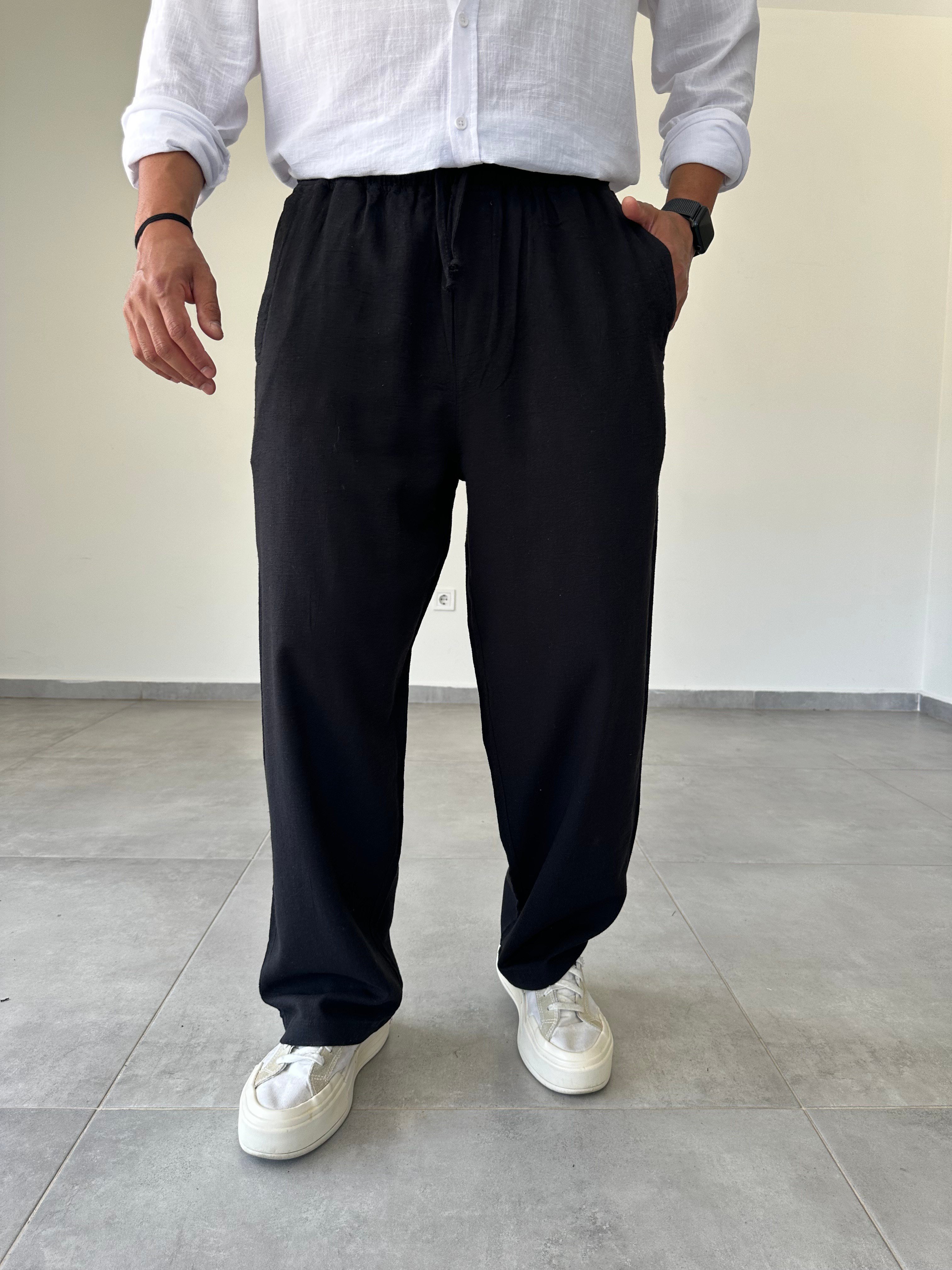 Siyah Renk Yumuşak Keten Baggy Pantolon