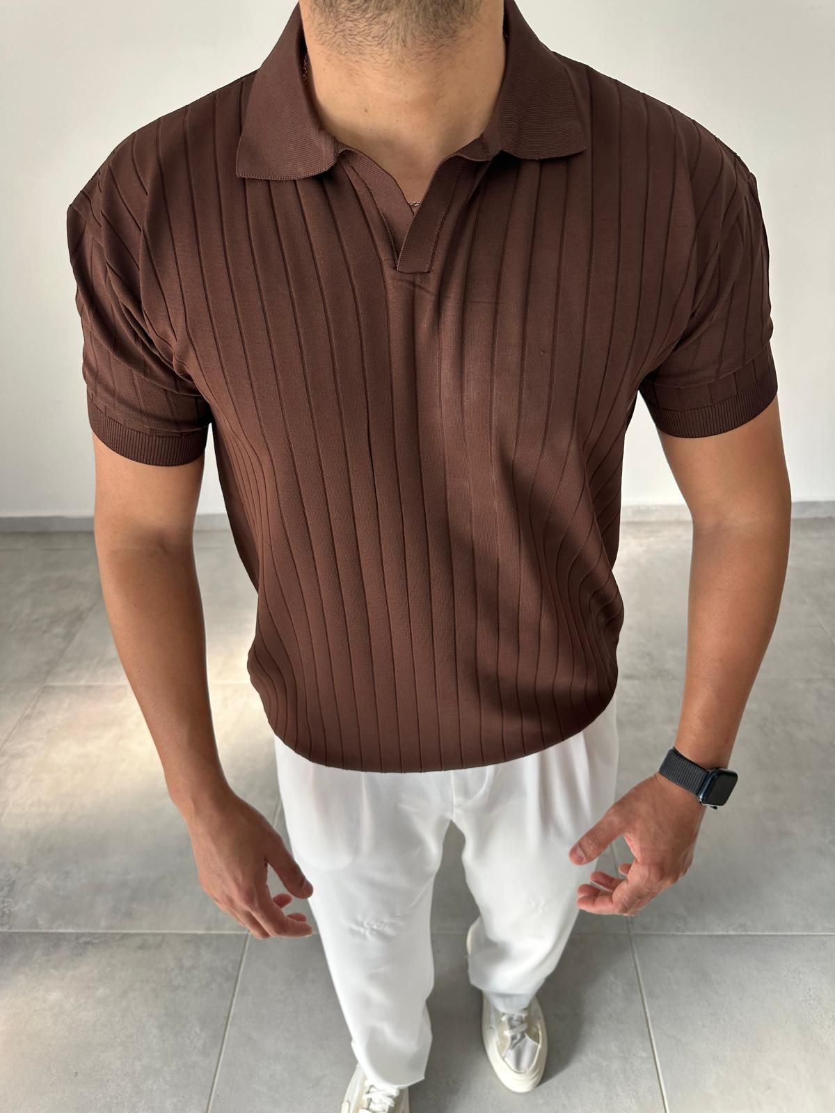 Kahve Renk Şerit Detaylı Polo Yaka T-Shirt