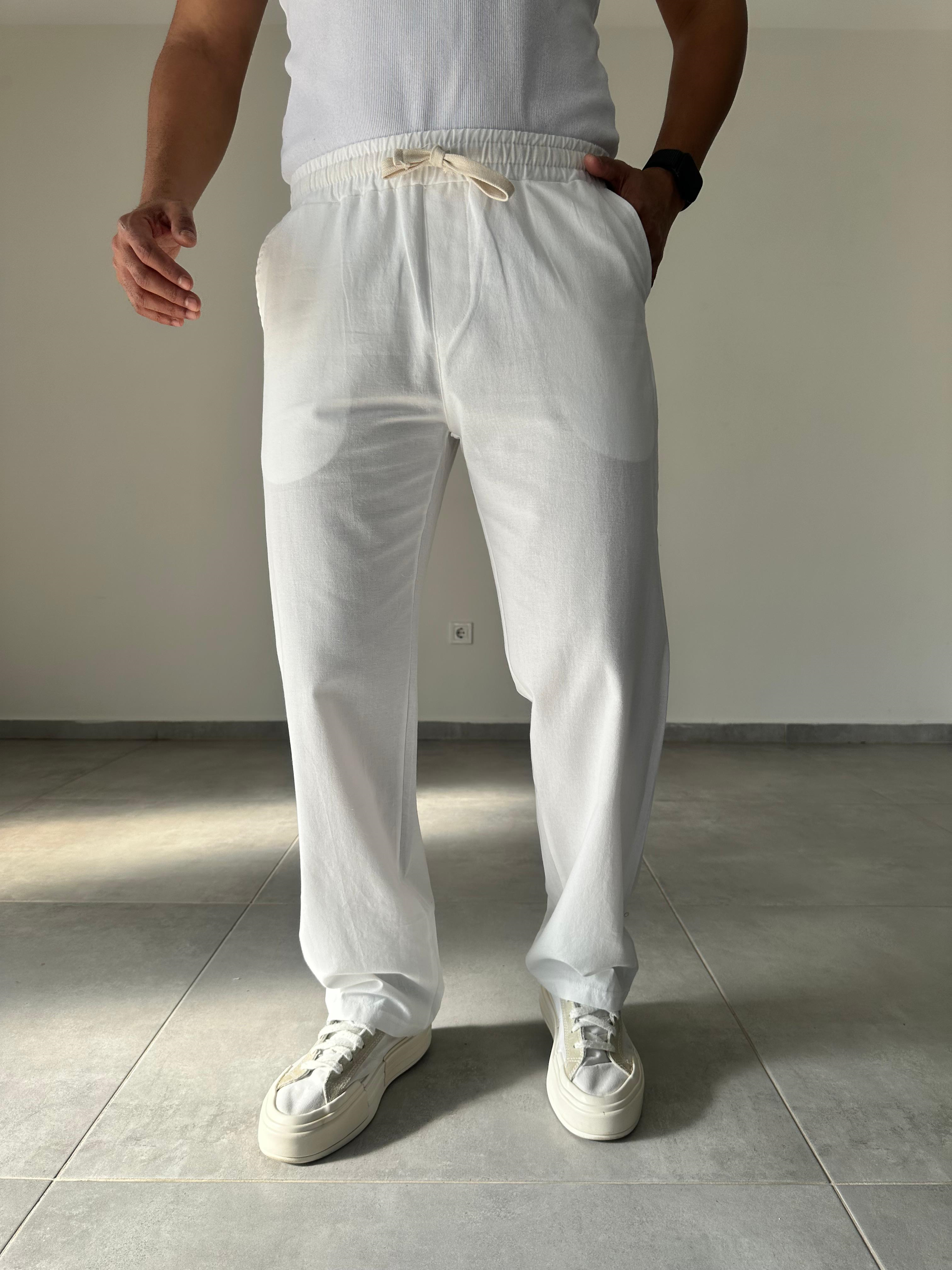 Beyaz Renk Yıkamalı Bel Kısmı Lastikli Baggy Keten Pantolon
