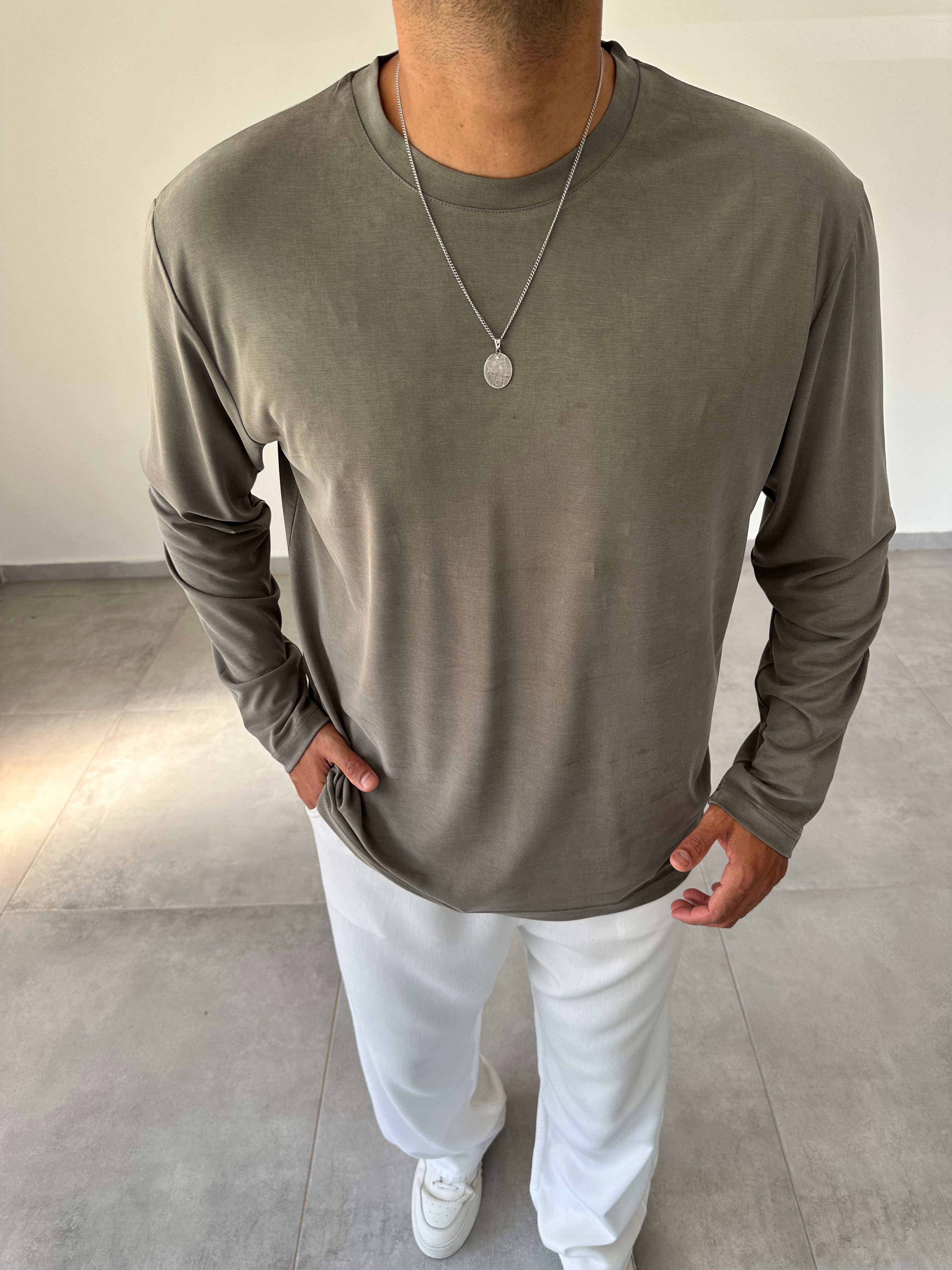 Haki Renk Modal Kumaş Basic Sweatshirt