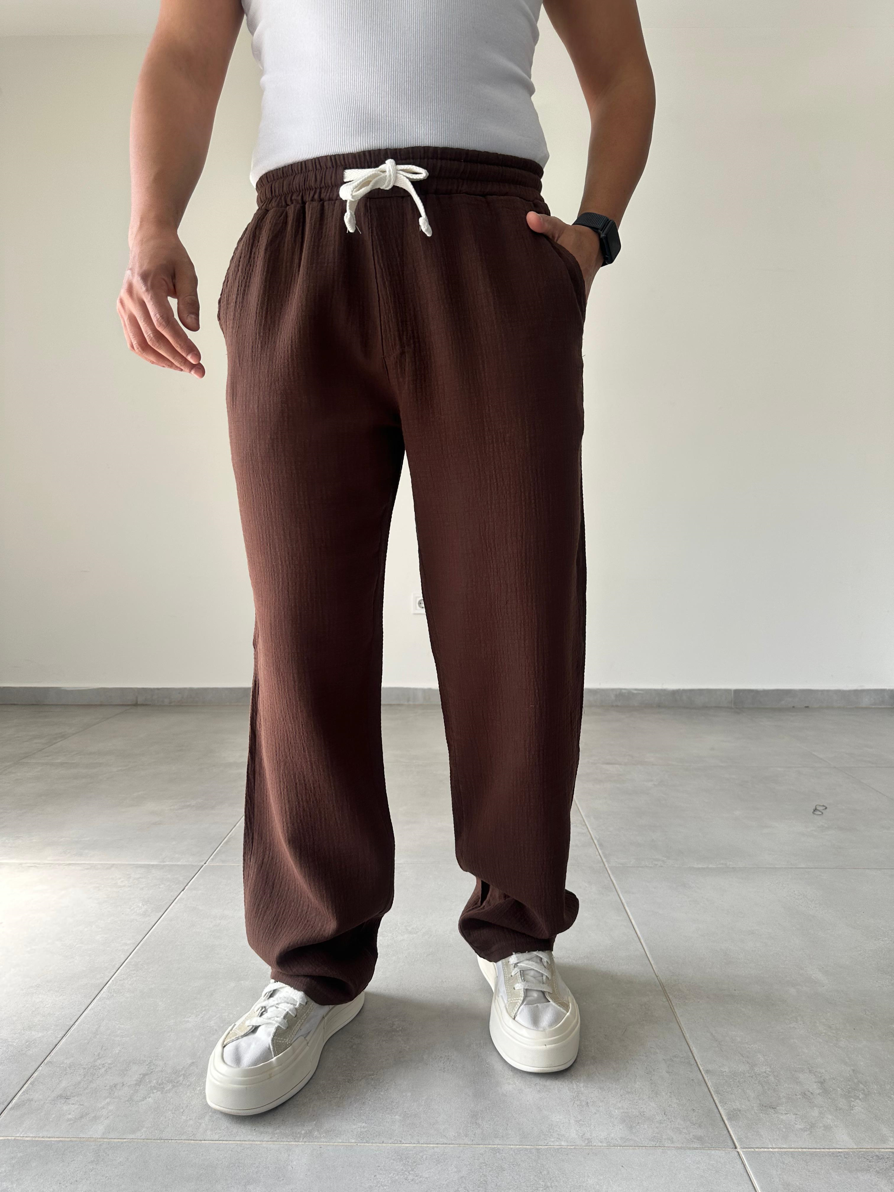 Kahve Renk Müslin Keten Baggy Pantolon