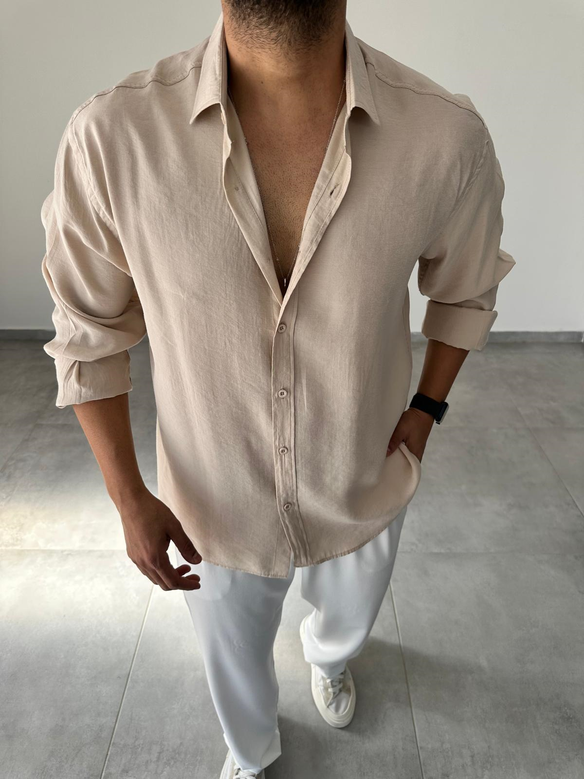 Modal Kumaş Bej Renk Oversize Kesim Gömlek
