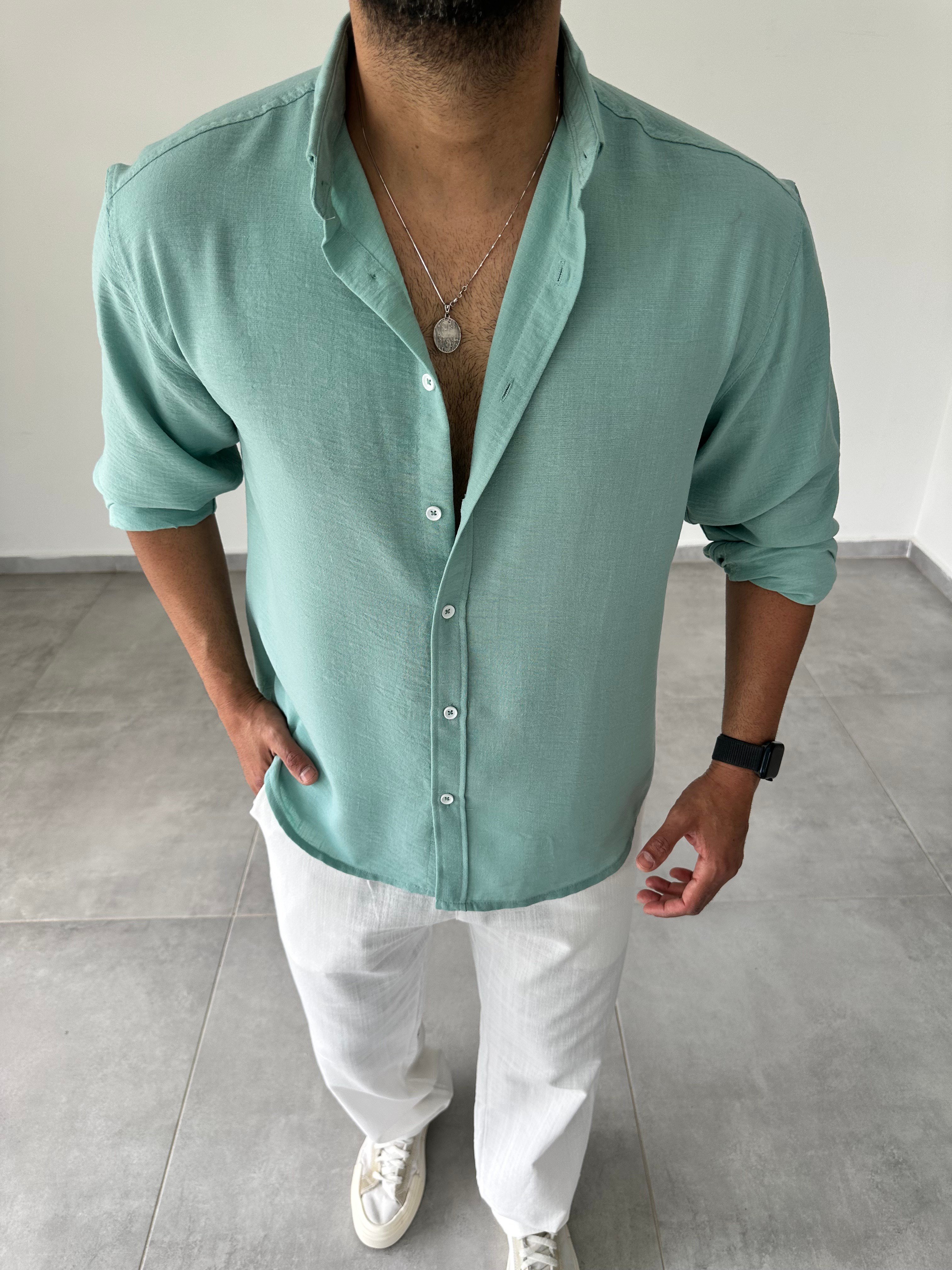 Mint Yeşili Relax Fit Keten Gömlek