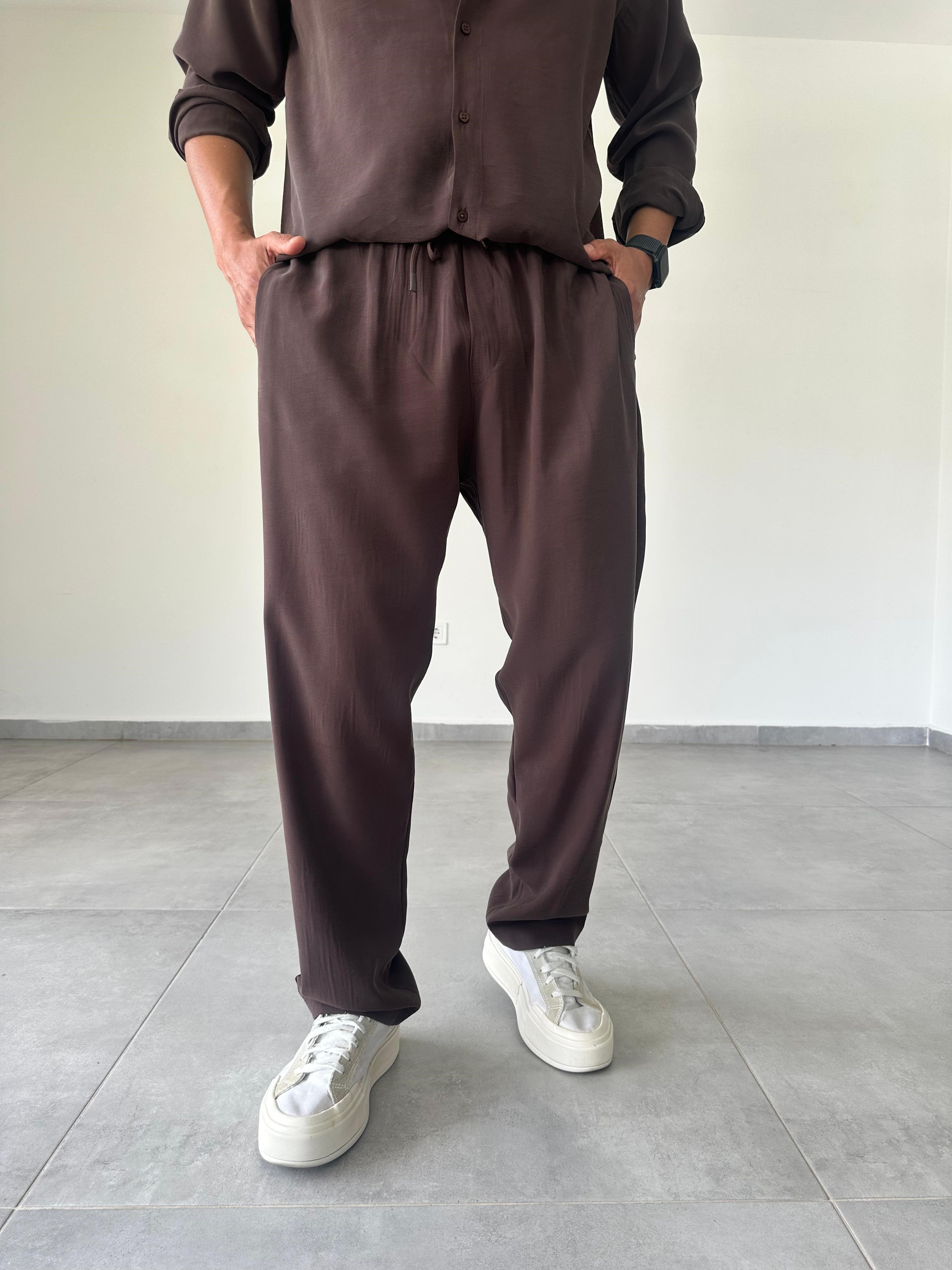 Modal Kumaş Kahve Renk Basic Baggy Pantolon