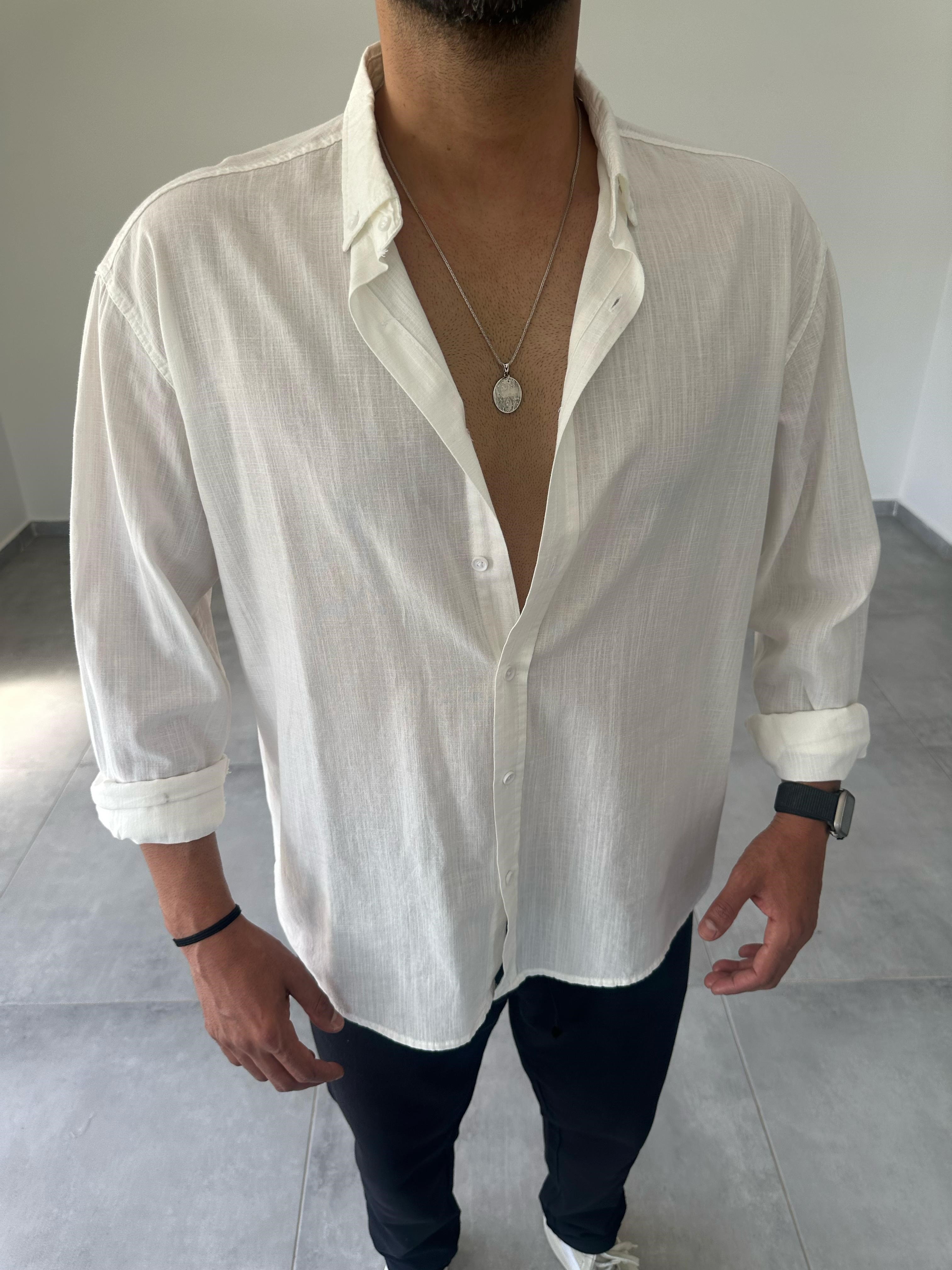 Beyaz Renk Oversize Kesim Fresh Keten Gömlek