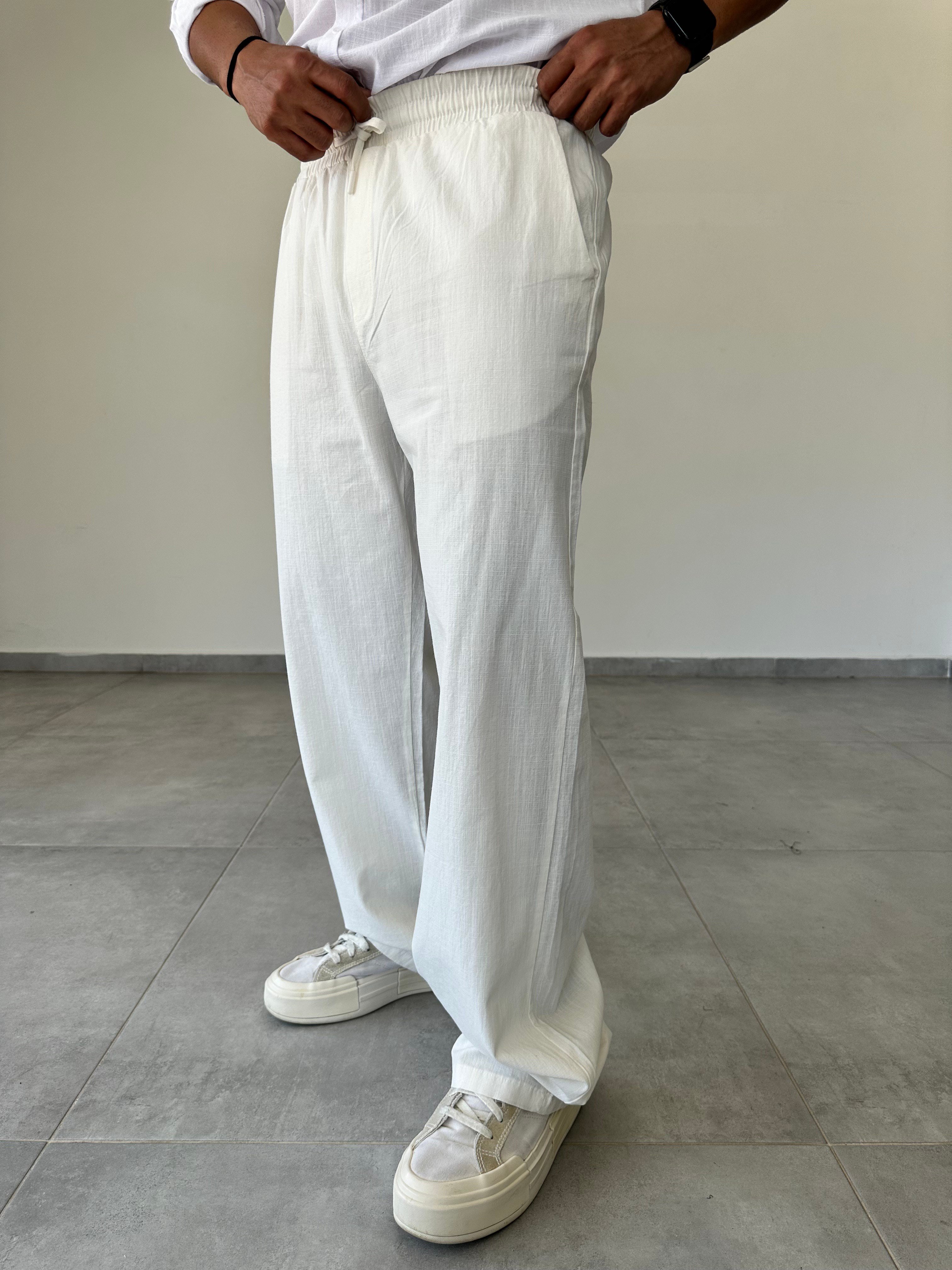 Beyaz Renk Bel Kısmı Lastikli Basic Baggy Keten Pantolon
