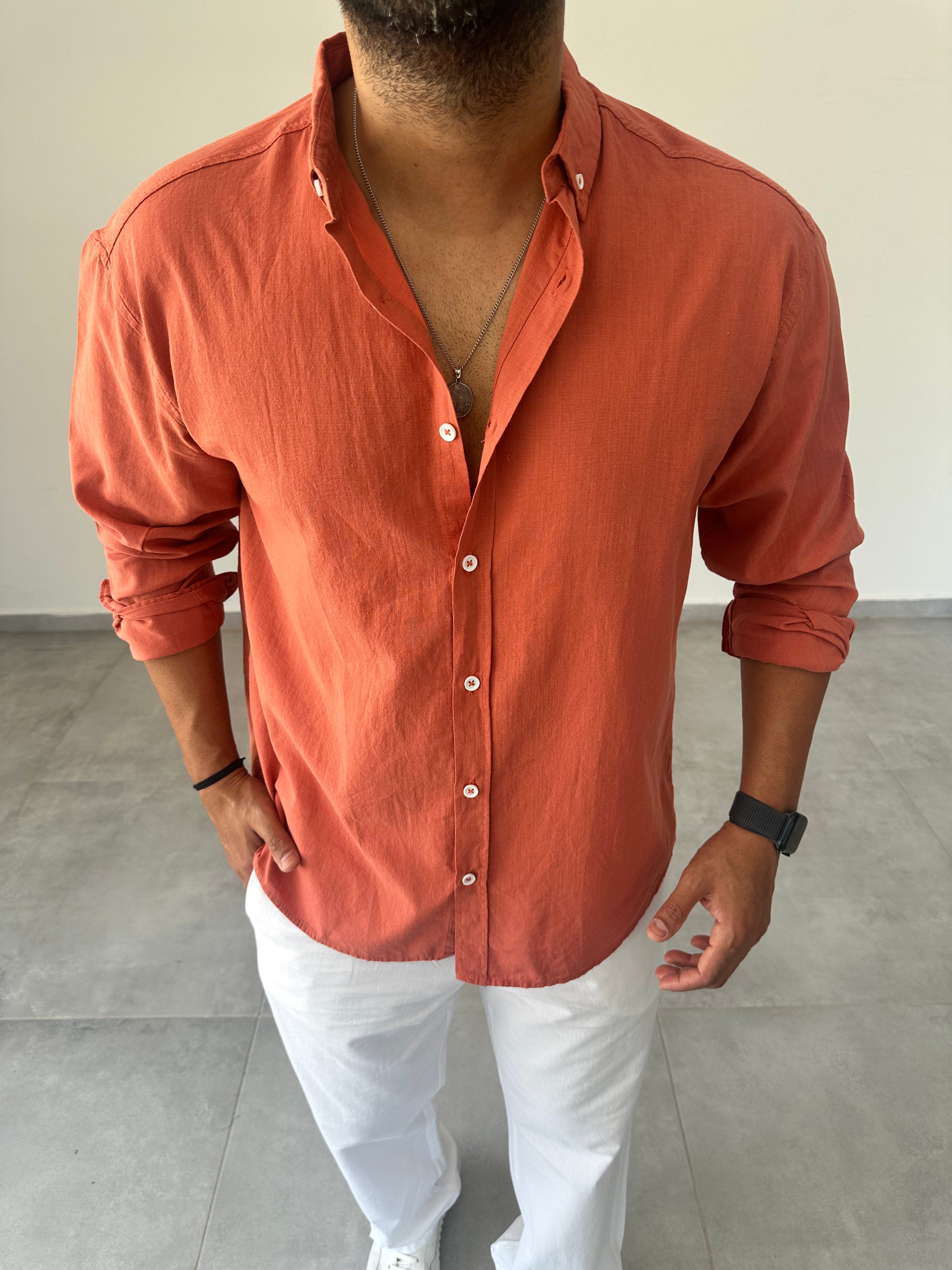 Kiremit Renk Oversize Kesim Fresh Keten Gömlek