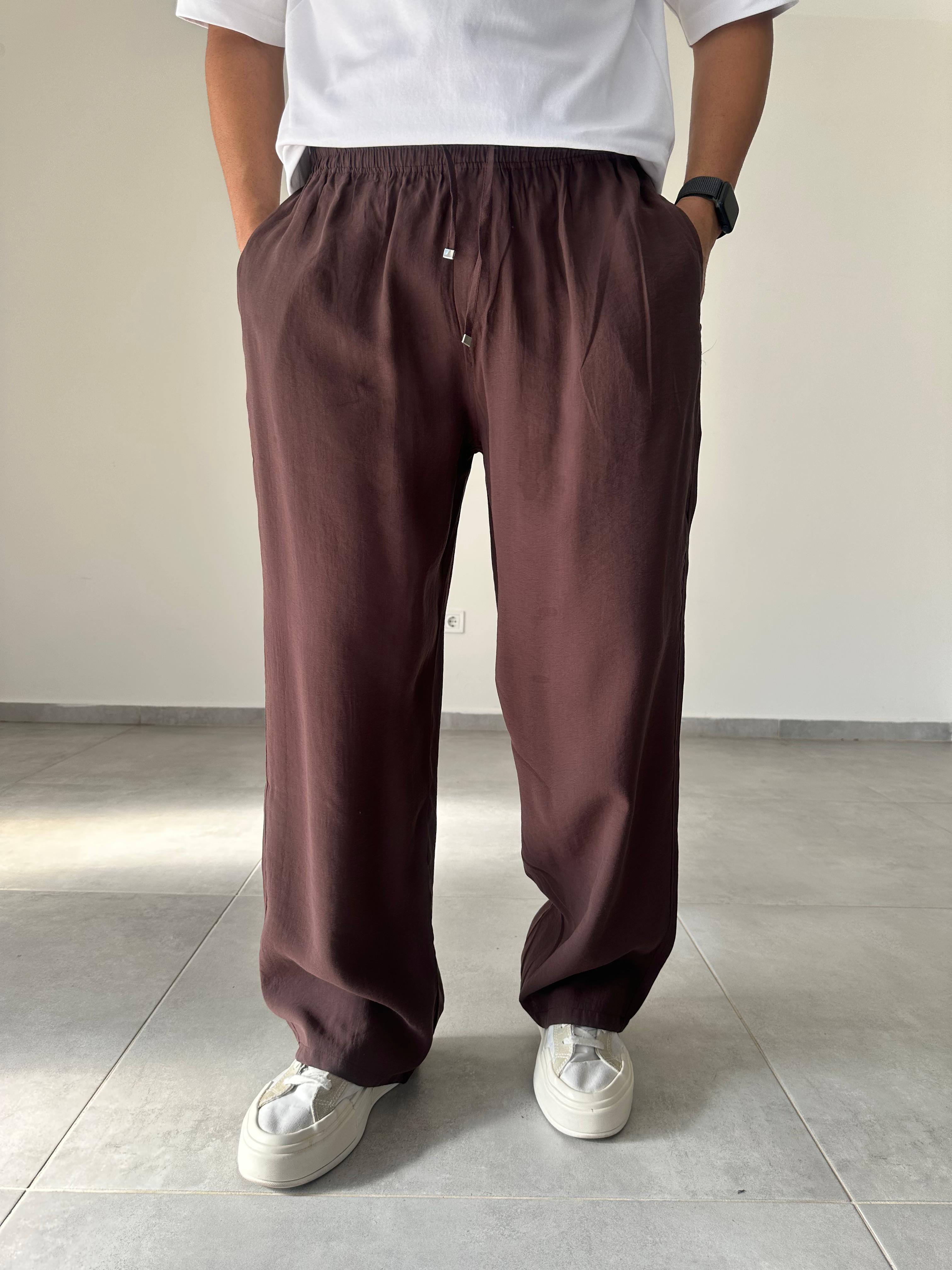 Tensel Kumaş Kahve Renk Rahat Kesim İnce Baggy Pantolon