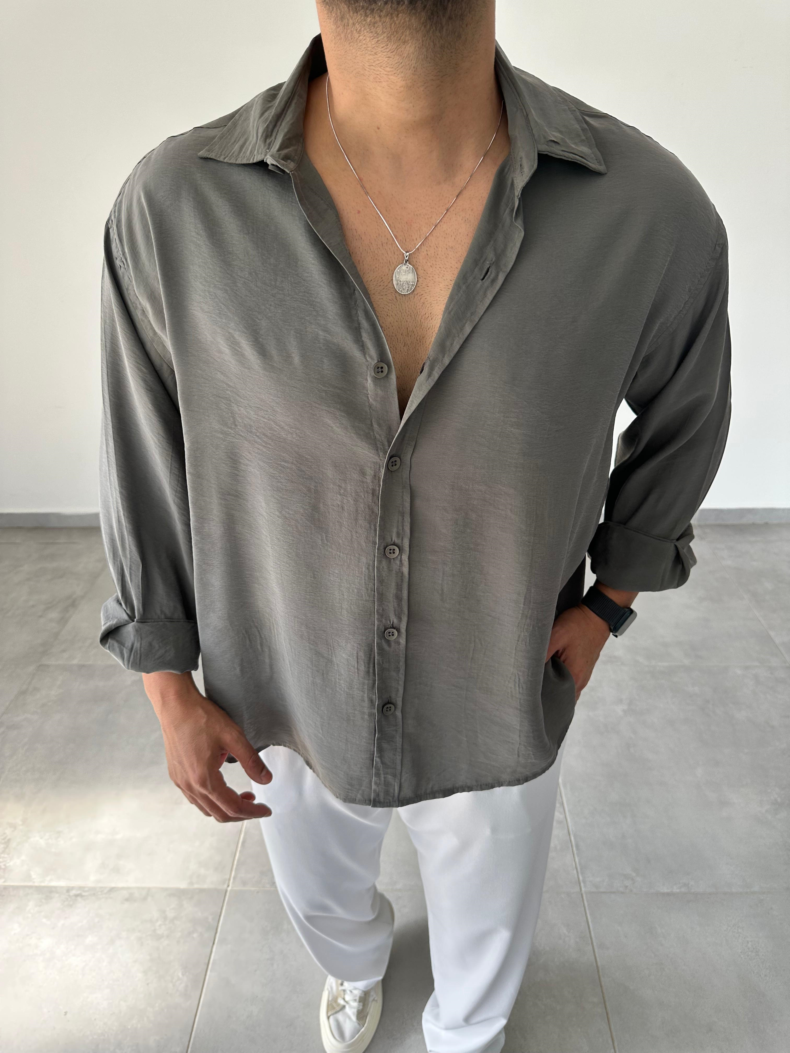 Haki Yeşil Renk Modal Kumaş Oversize Kesim Basic Gömlek