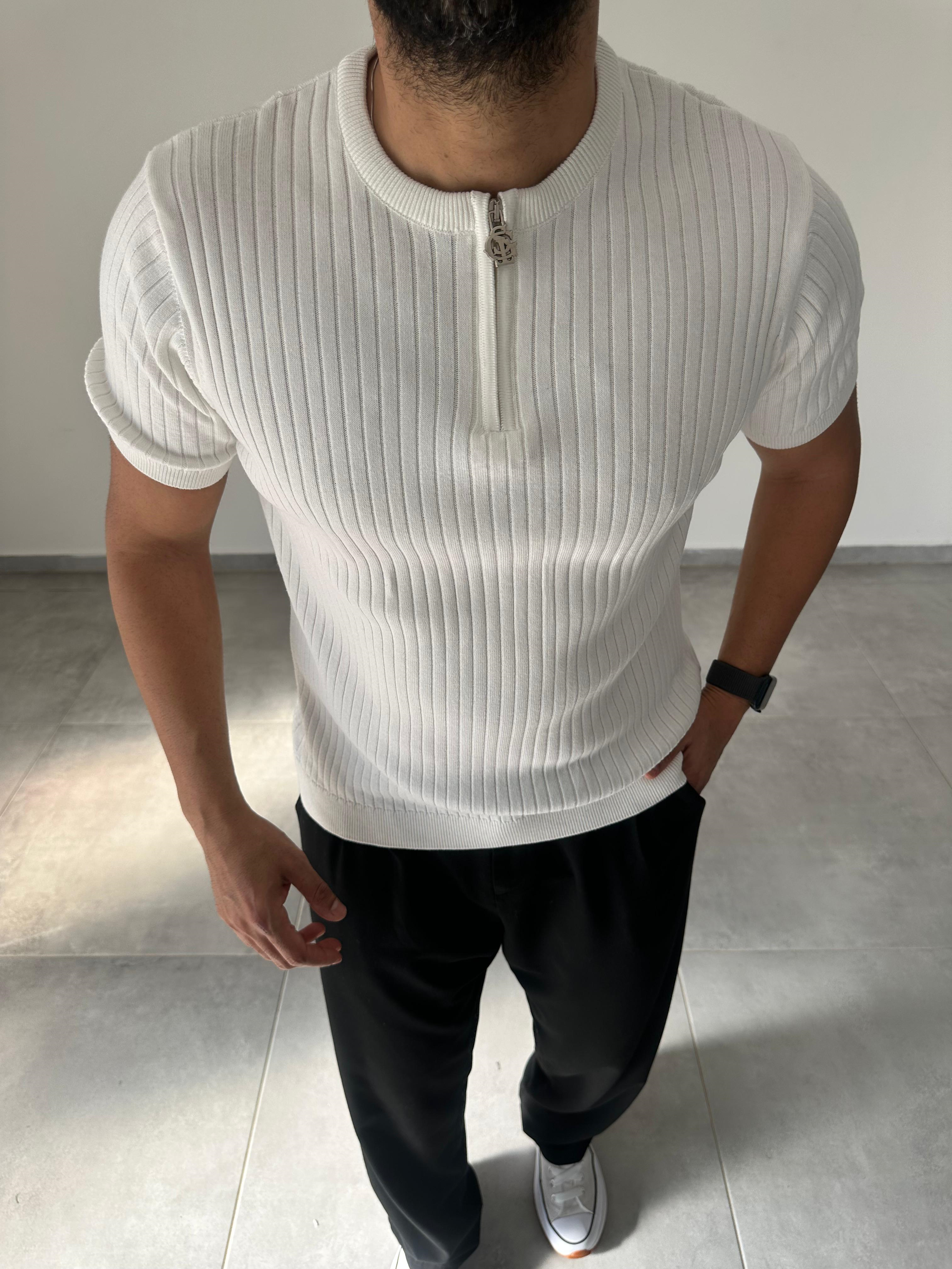 Beyaz Renk Fermuar Detaylı Premium Kalite Basic Triko T-Shirt
