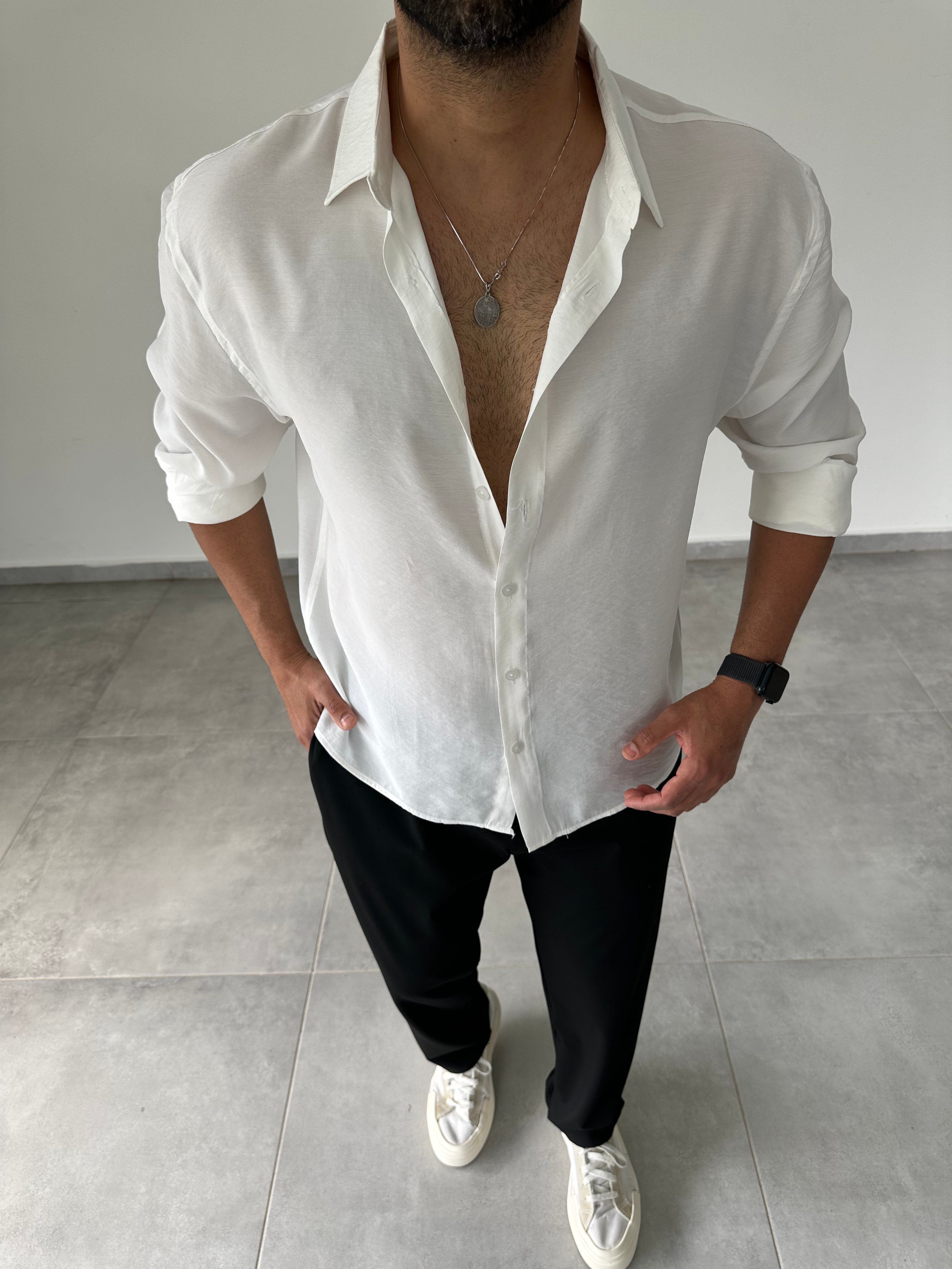 Beyaz Renk Modal Kumaş Oversize Basic Gömlek