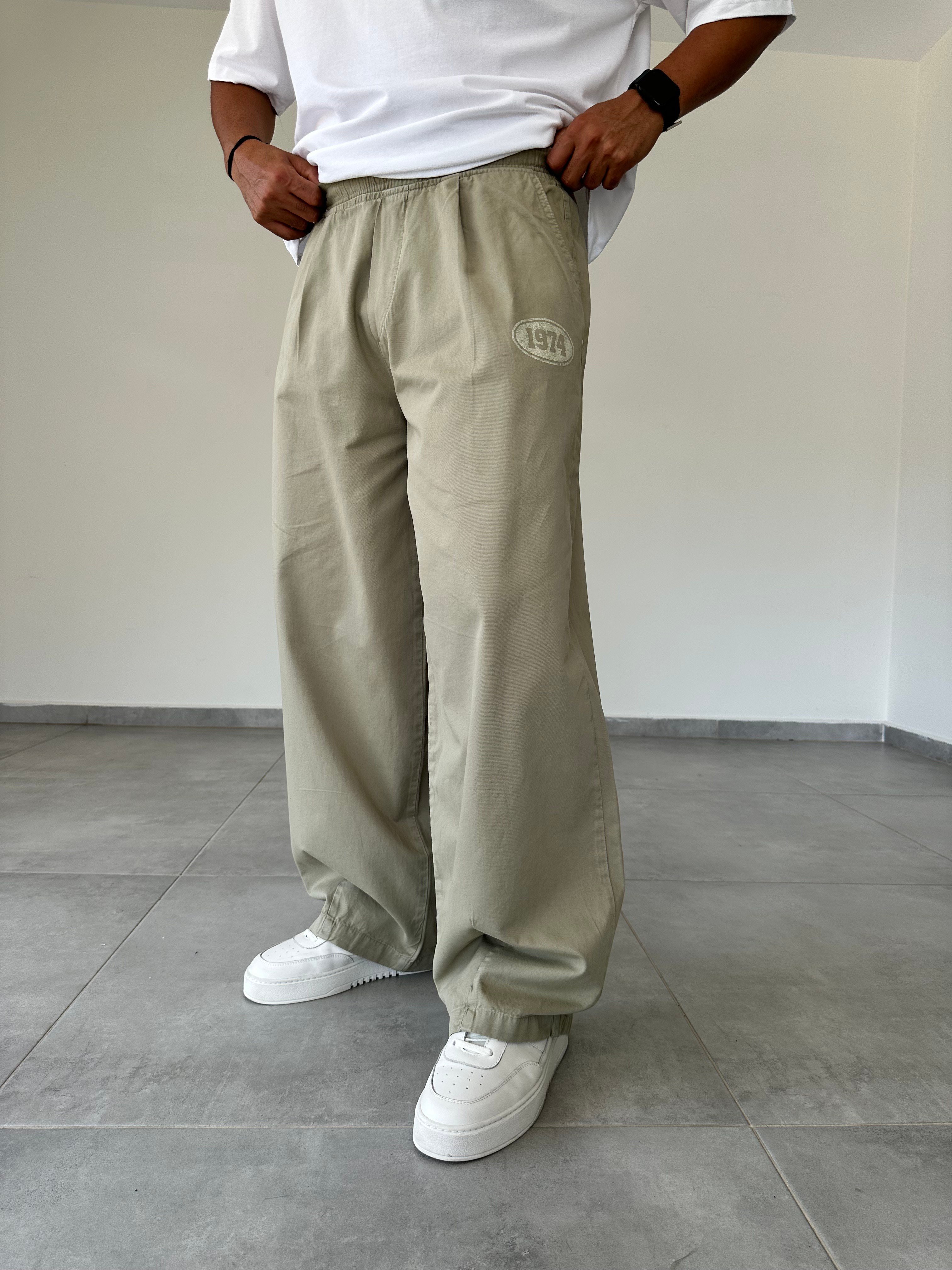 Yeşil Renk 1974 Baskı Detaylı Ekstra Bol Gabardin Baggy
