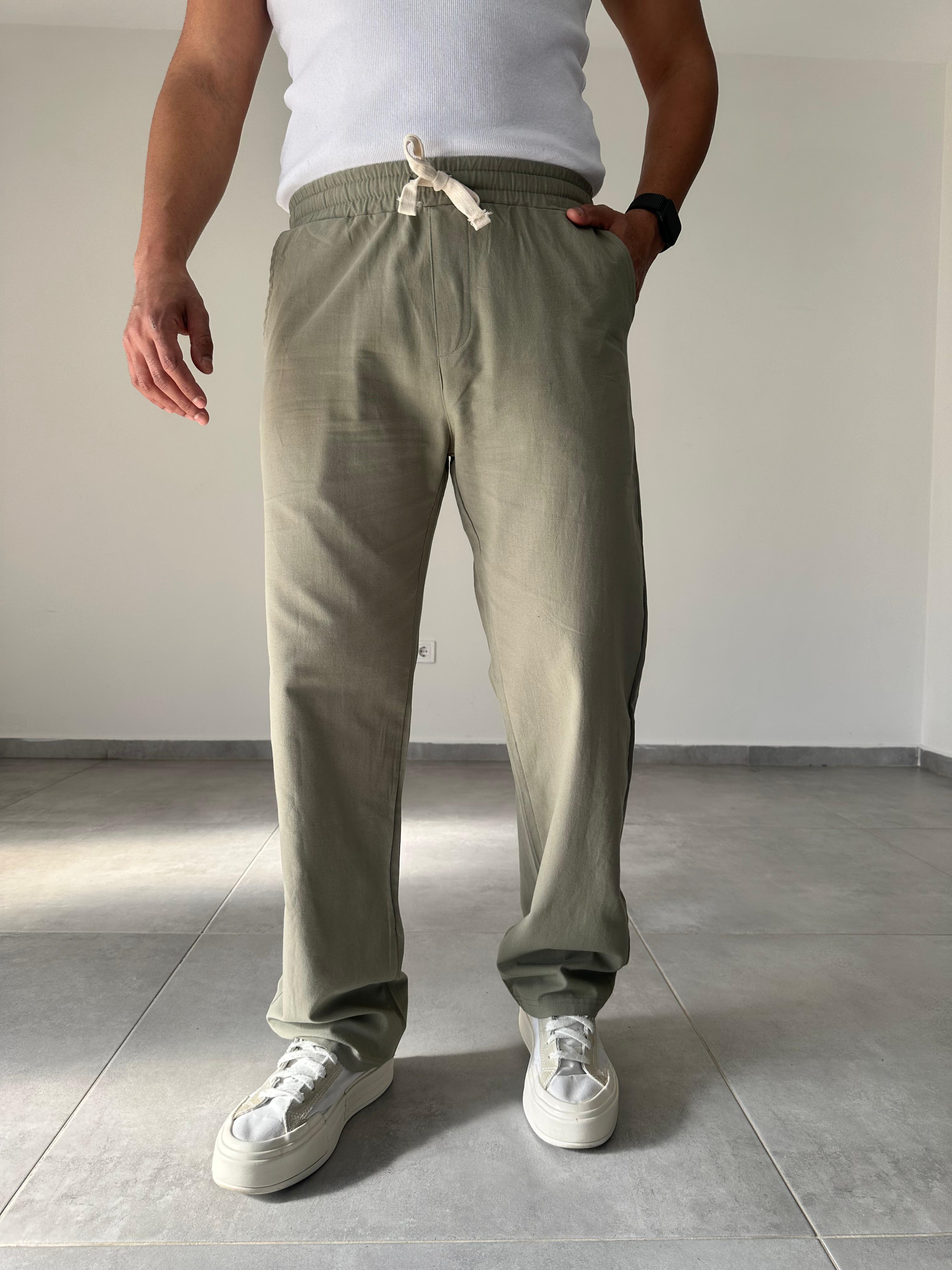 Haki Yeşil Renk Yıkamalı Bel Kısmı Lastikli Baggy Keten Pantolon