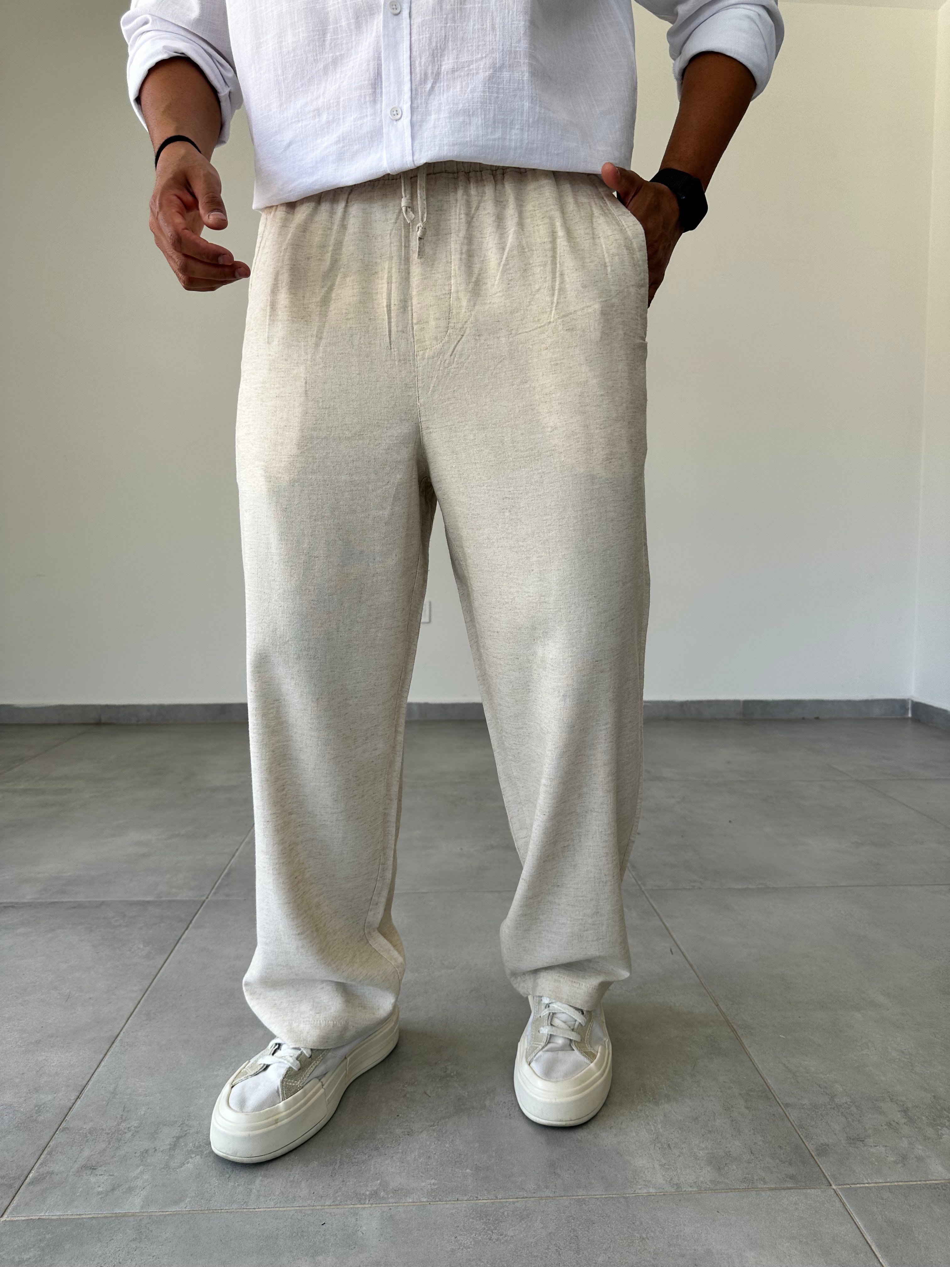 Bej Renk Yumuşak Keten Baggy Pantolon