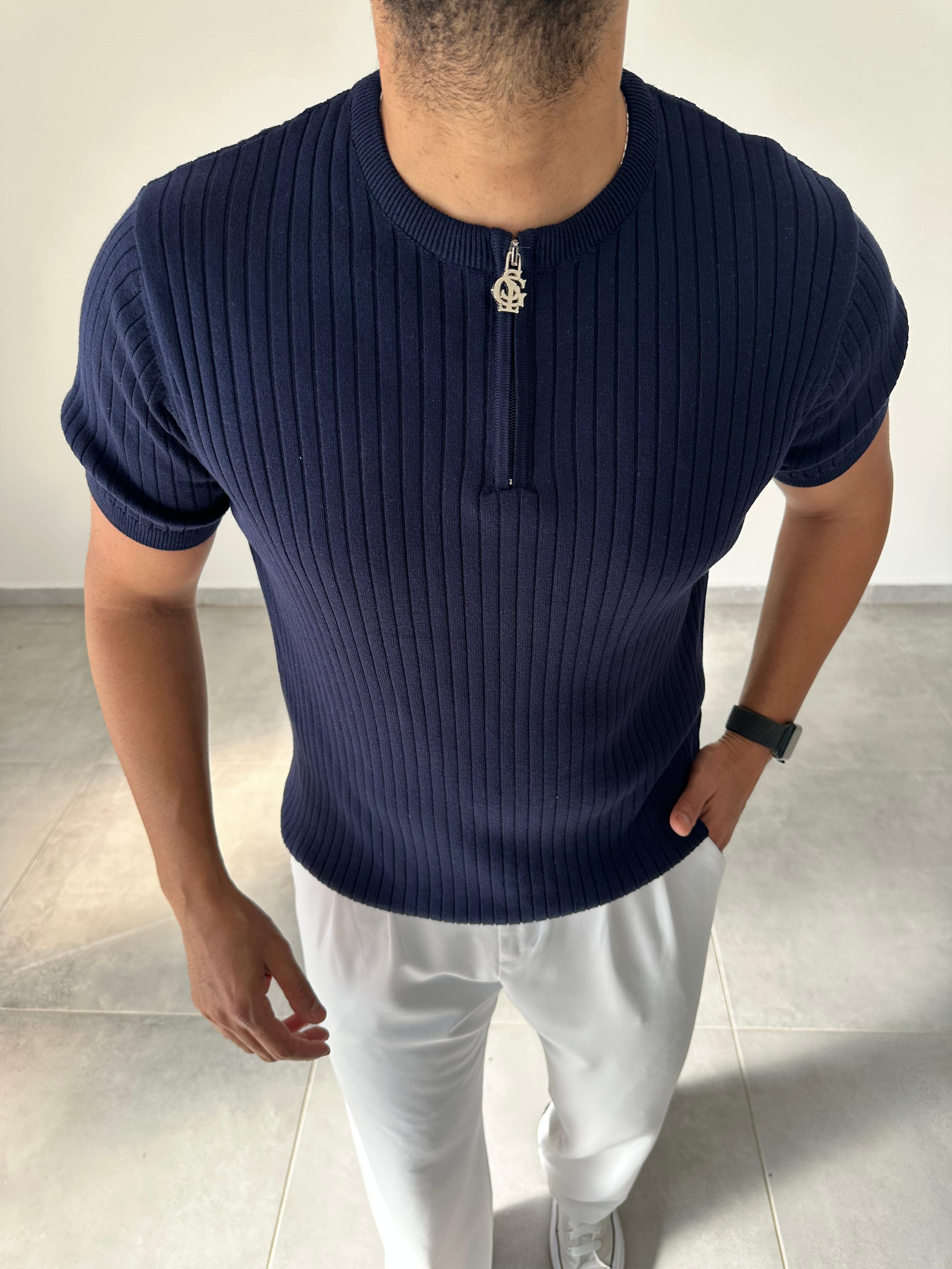 Lacivert Renk Fermuar Detaylı Premium Kalite Basic Triko T-Shirt