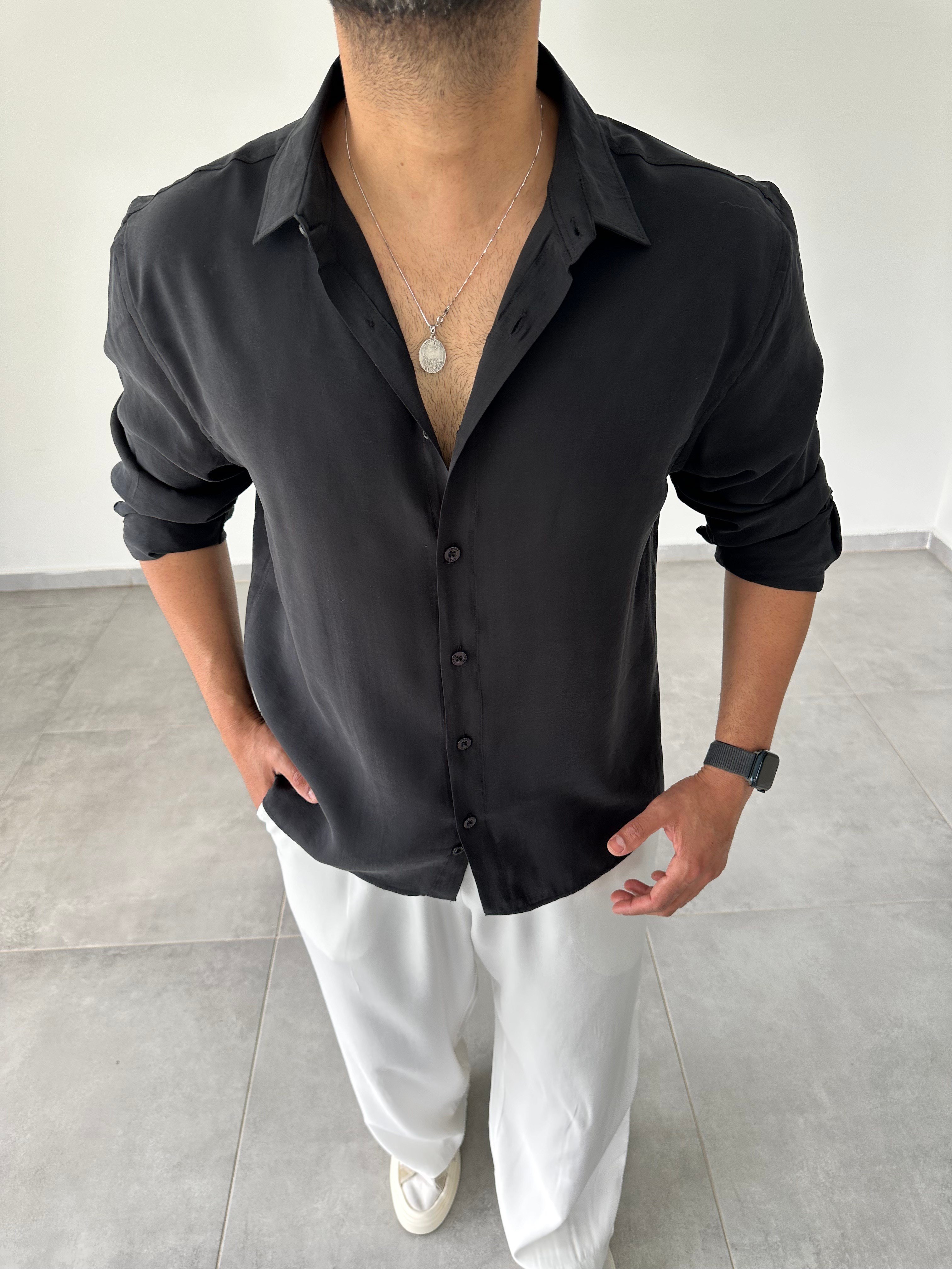 Siyah Modal Kumaş Oversize Basic Gömlek