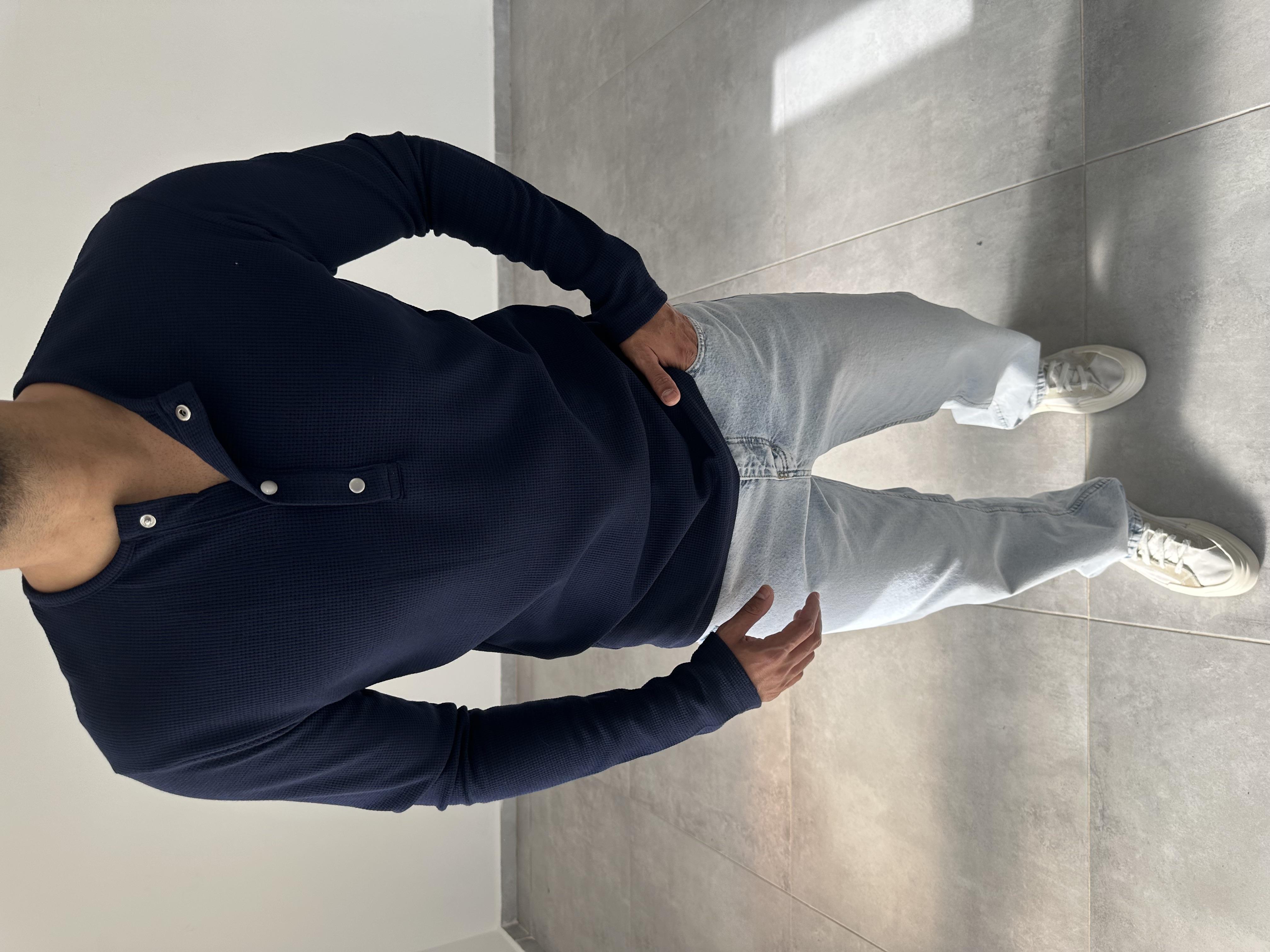 Lacivert Renk Örme Waffle Kumaş Düğme Detaylı Sweatshirt