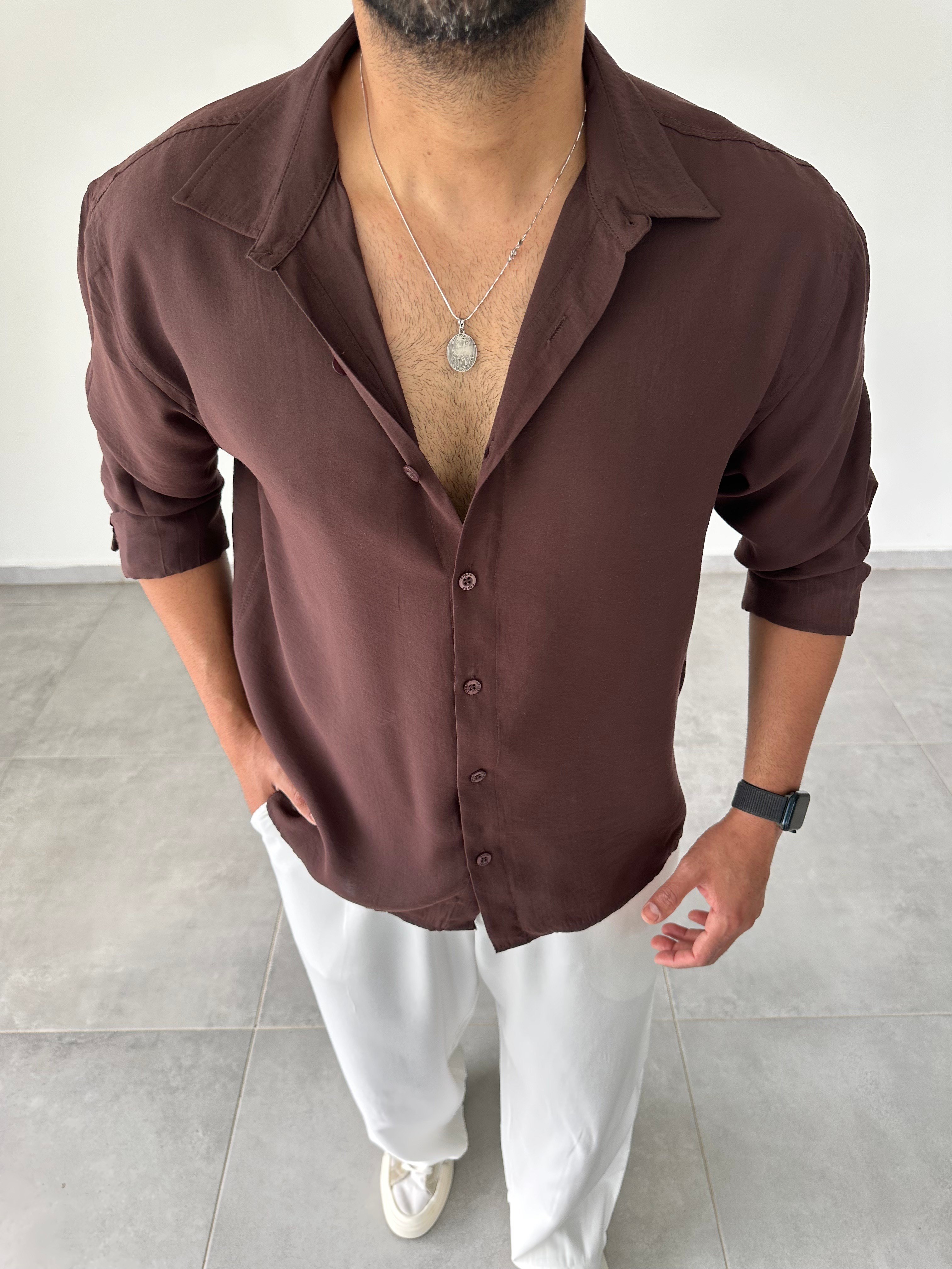 Kahve Modal Kumaş Oversize Basic Gömlek
