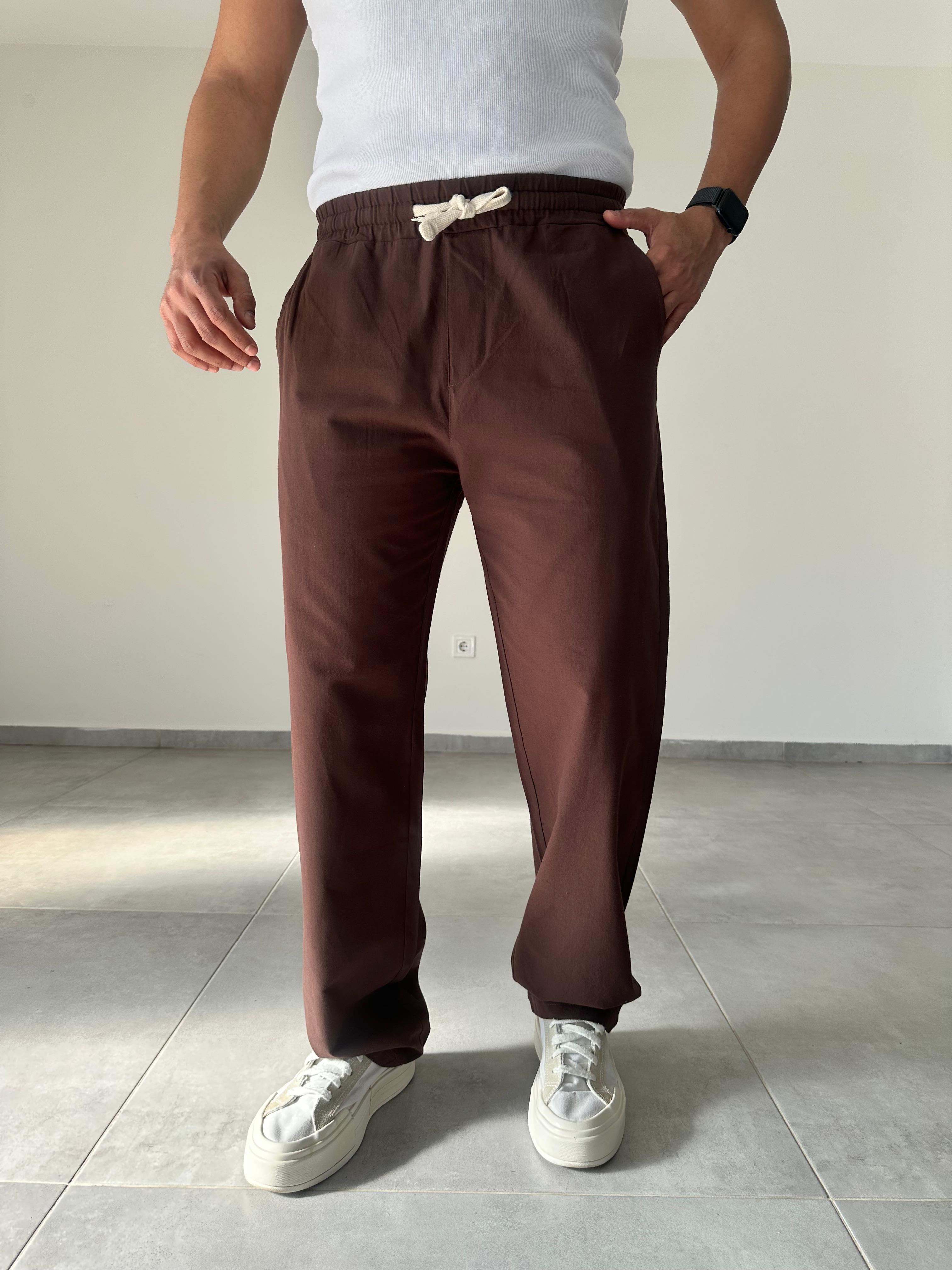 Kahve Renk Yıkamalı Bel Kısmı Lastikli Baggy Keten Pantolon
