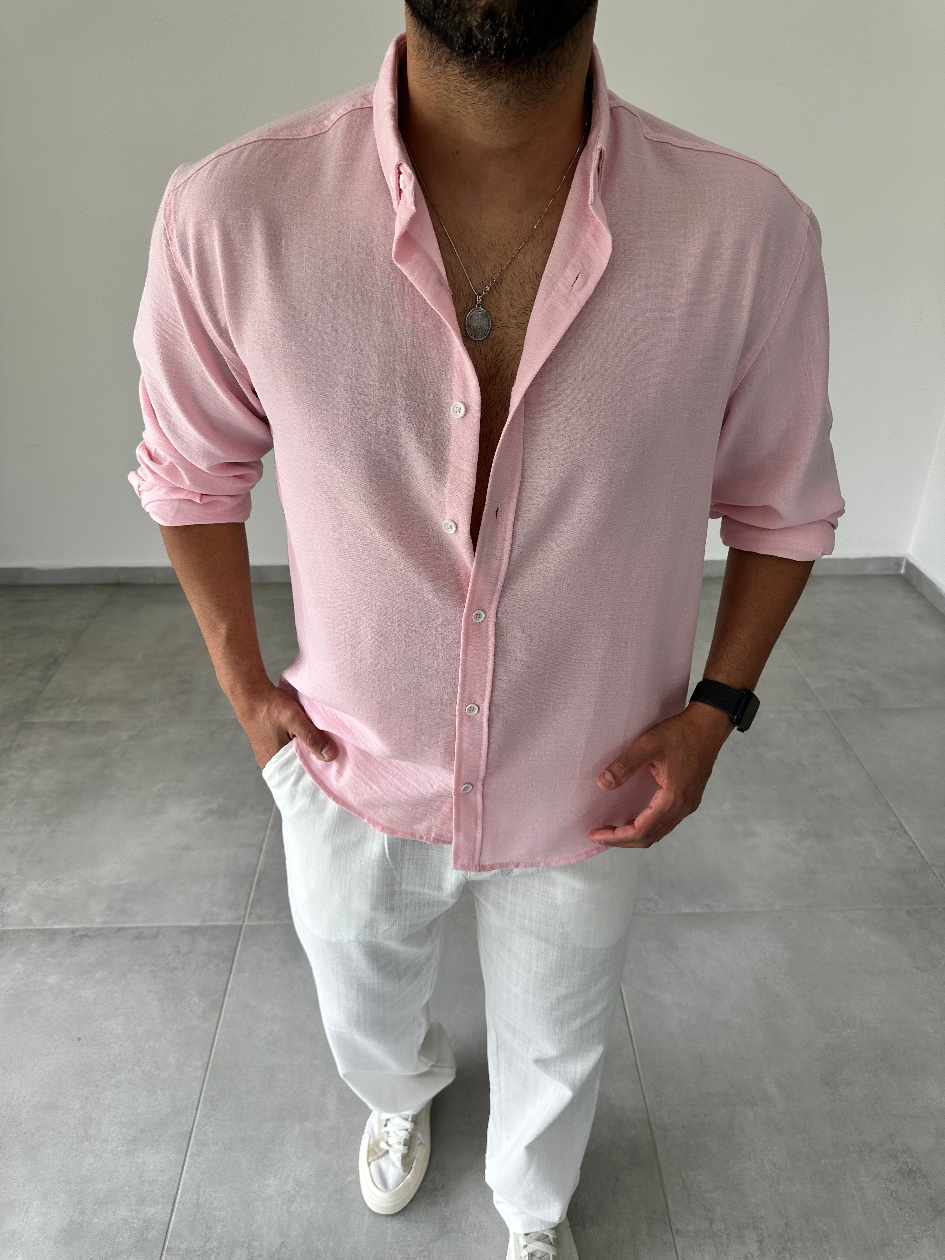 Pembe Renk Relax Fit Keten Gömlek