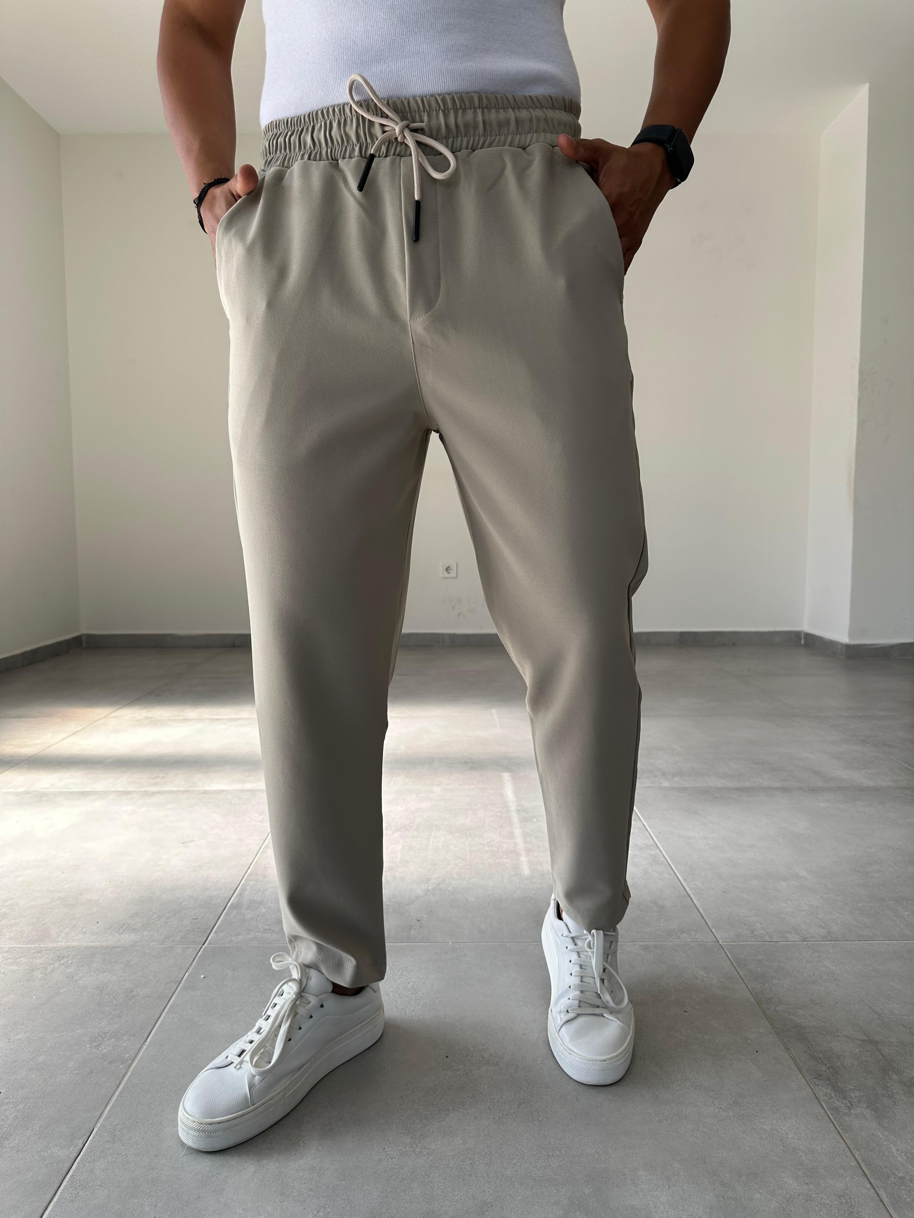 Bej Renk Bel Kısmı Lastik Ve Bağcık Detaylı Jogger
